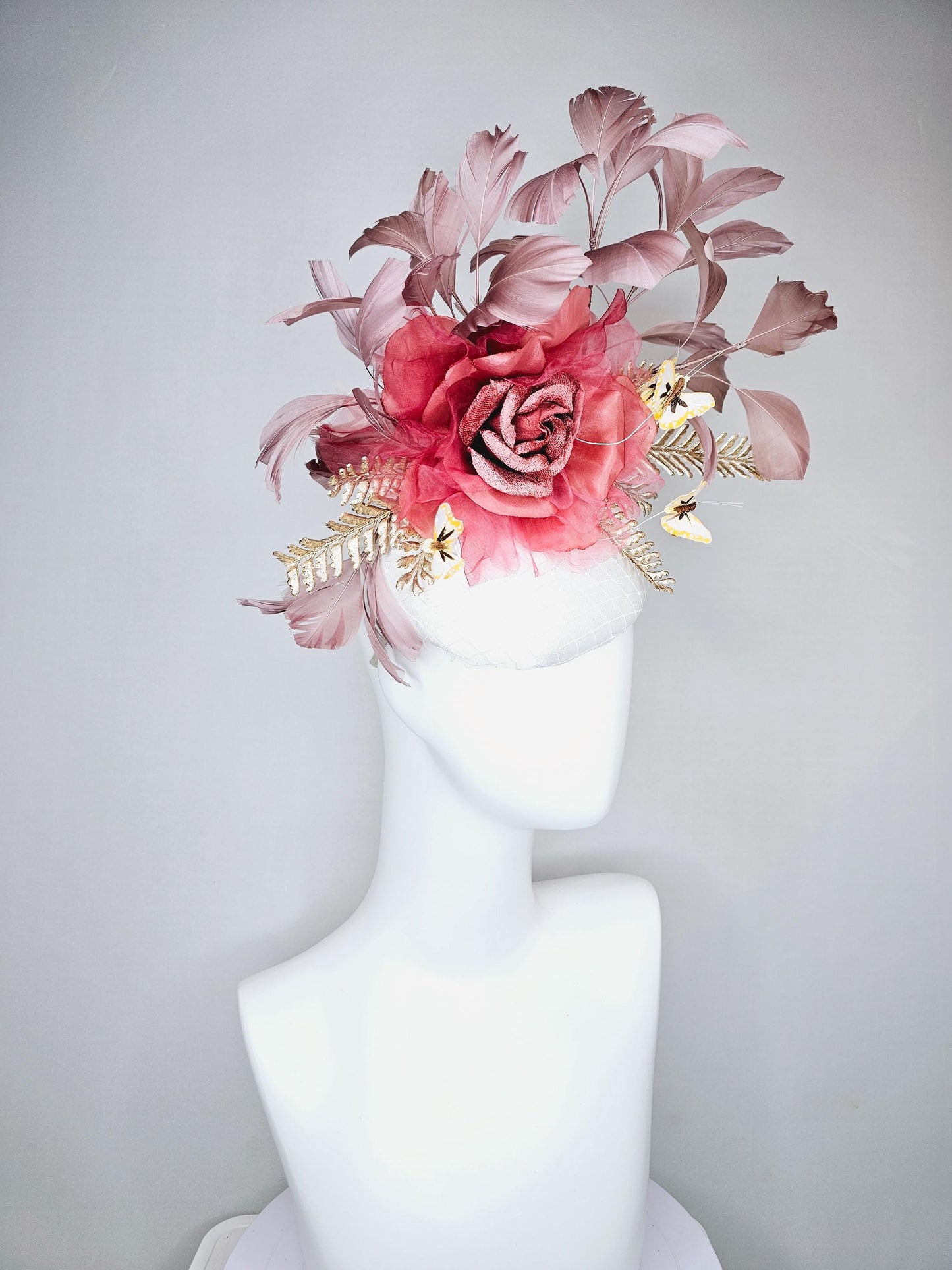 kentucky derby hat fascinator white satin base with,dusty rose gold mauve pink rose,gold leaves,dusty blush pink feathers,yellow butterflies