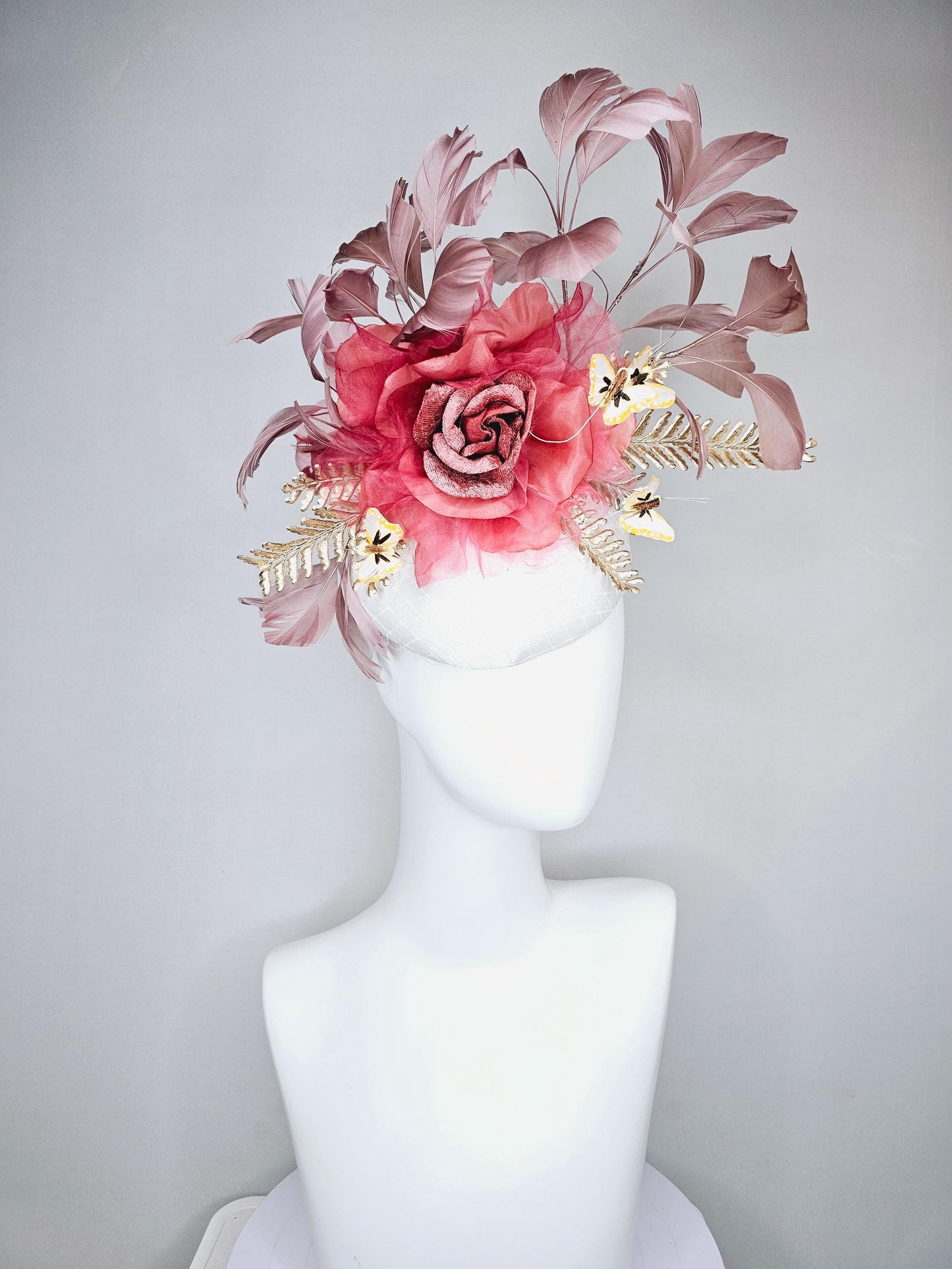 kentucky derby hat fascinator white satin base with,dusty rose gold mauve pink rose,gold leaves,dusty blush pink feathers,yellow butterflies