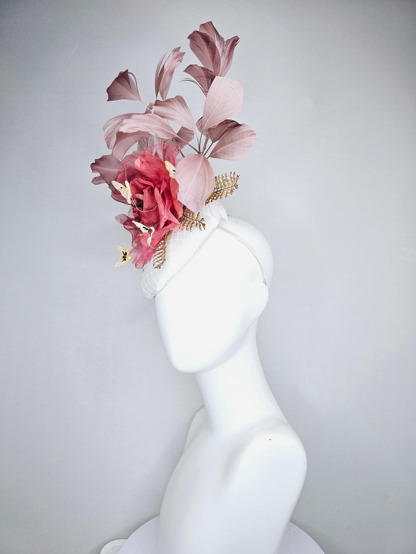 kentucky derby hat fascinator white satin base with,dusty rose gold mauve pink rose,gold leaves,dusty blush pink feathers,yellow butterflies