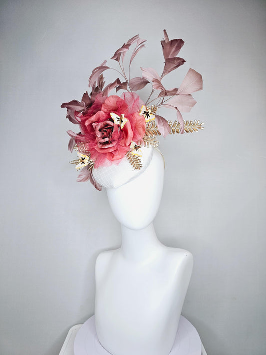 kentucky derby hat fascinator white satin base with,dusty rose gold mauve pink rose,gold leaves,dusty blush pink feathers,yellow butterflies