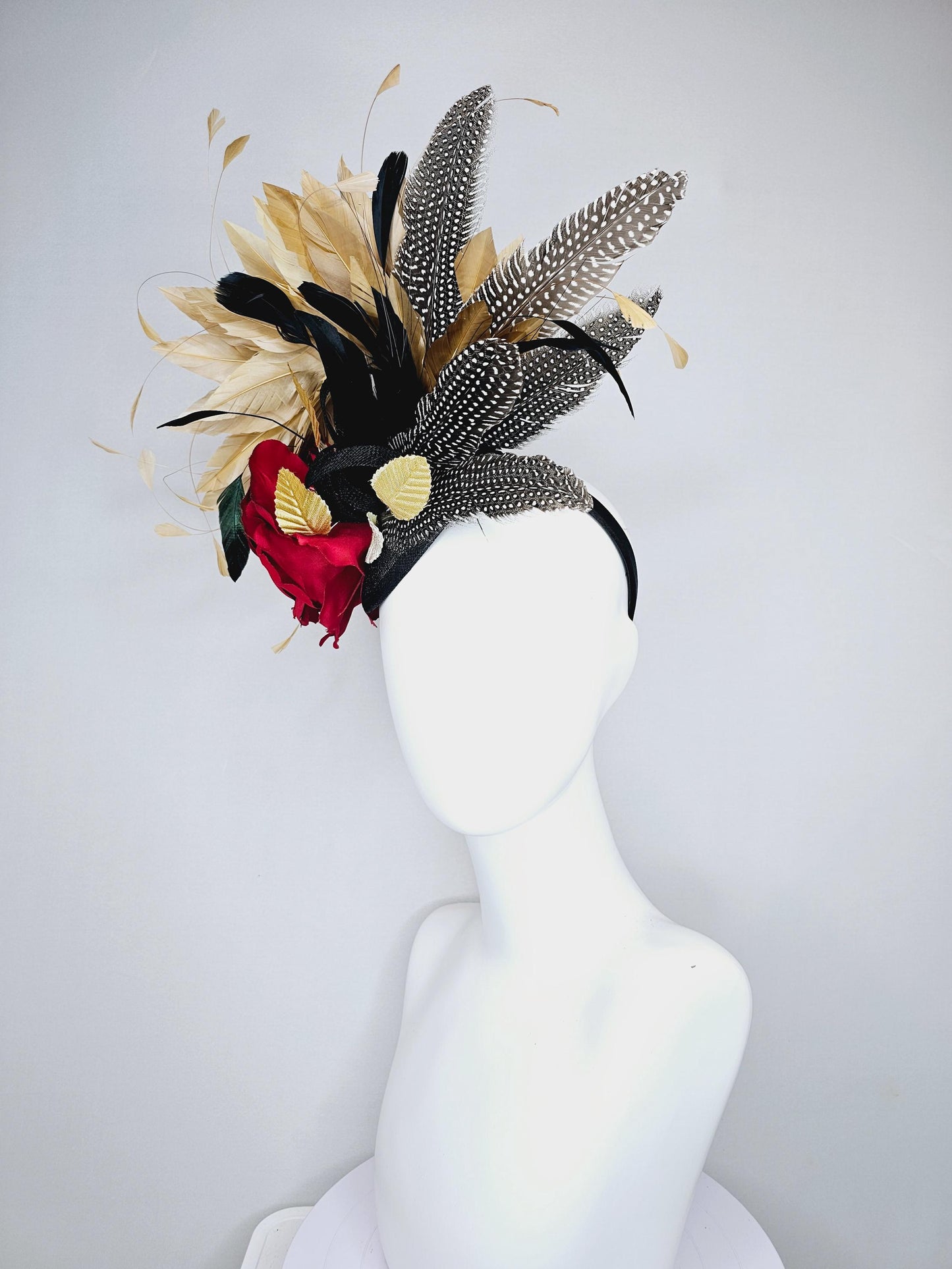 kentucky derby hat fascinator black sinamay base with red rose and beige tan and black feathers,bright gold leaves, with pheasant feathers