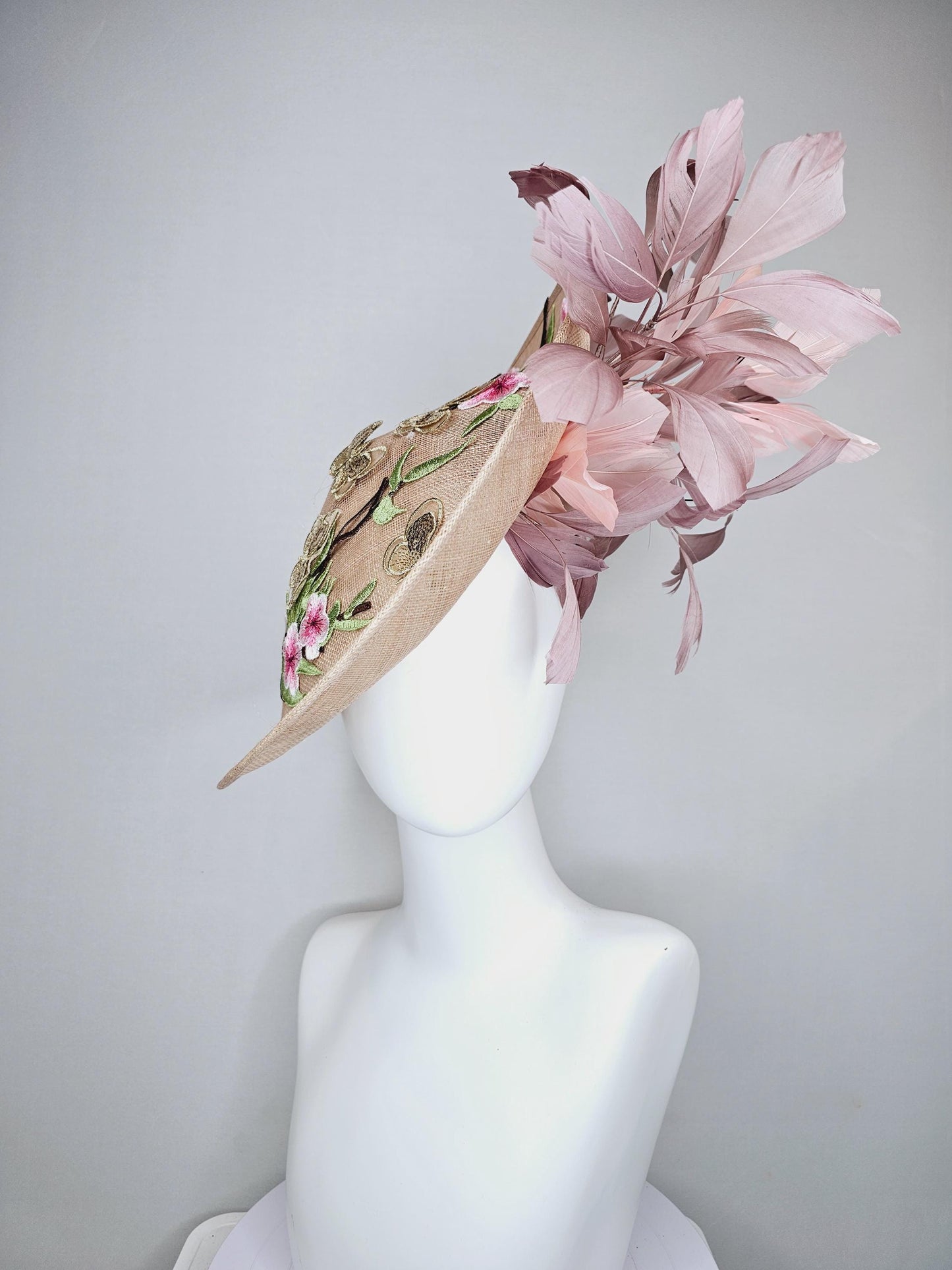 kentucky derby hat fascinator taupe beige neutral saucer sinamay,butterfly floral embroidered decor with dusty pink branching feathers