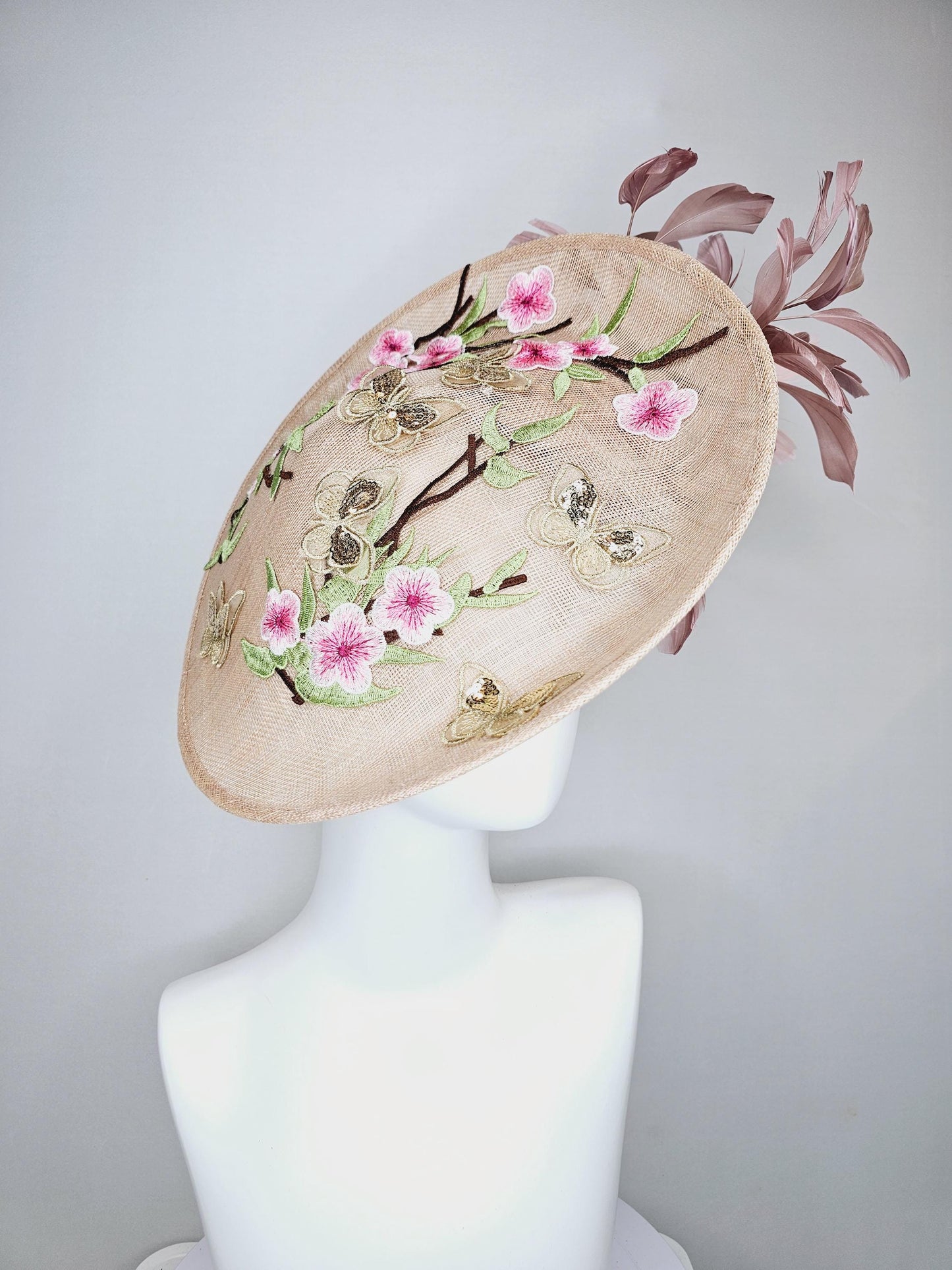 kentucky derby hat fascinator taupe beige neutral saucer sinamay,butterfly floral embroidered decor with dusty pink branching feathers