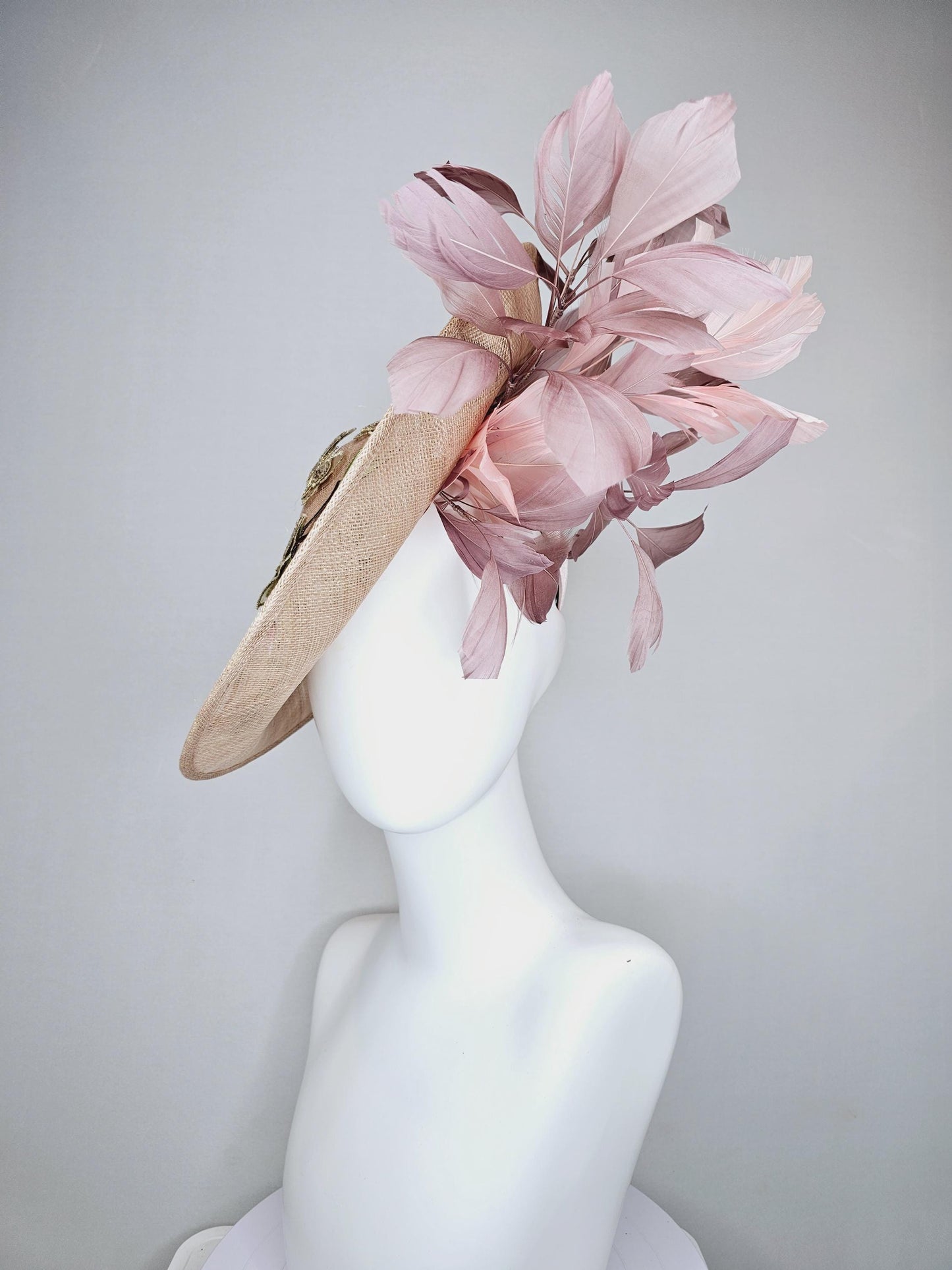 kentucky derby hat fascinator taupe beige neutral saucer sinamay,butterfly floral embroidered decor with dusty pink branching feathers