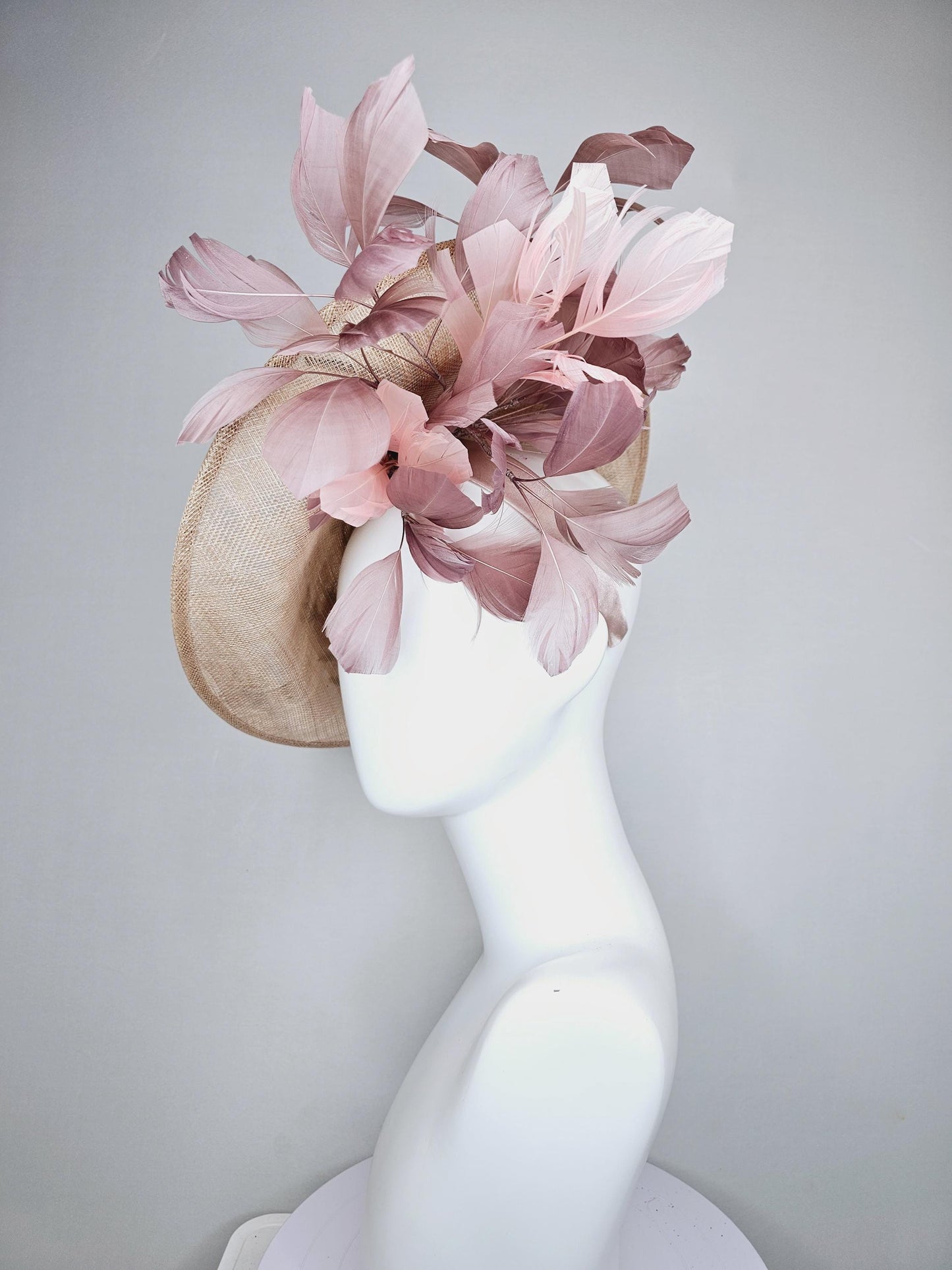 kentucky derby hat fascinator taupe beige neutral saucer sinamay,butterfly floral embroidered decor with dusty pink branching feathers