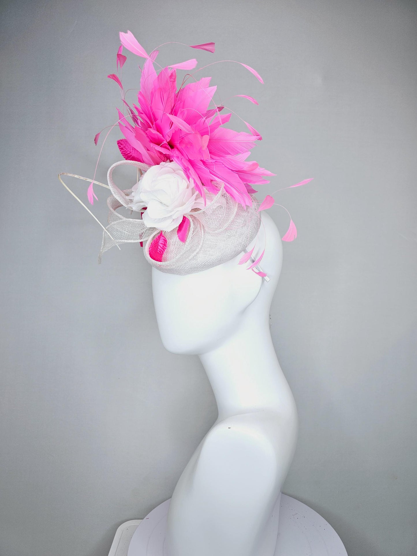 kentucky derby hat fascinator ivory white sinamay with sinamay curls,white satin silk flowers with bright pink feathers and pink leaves