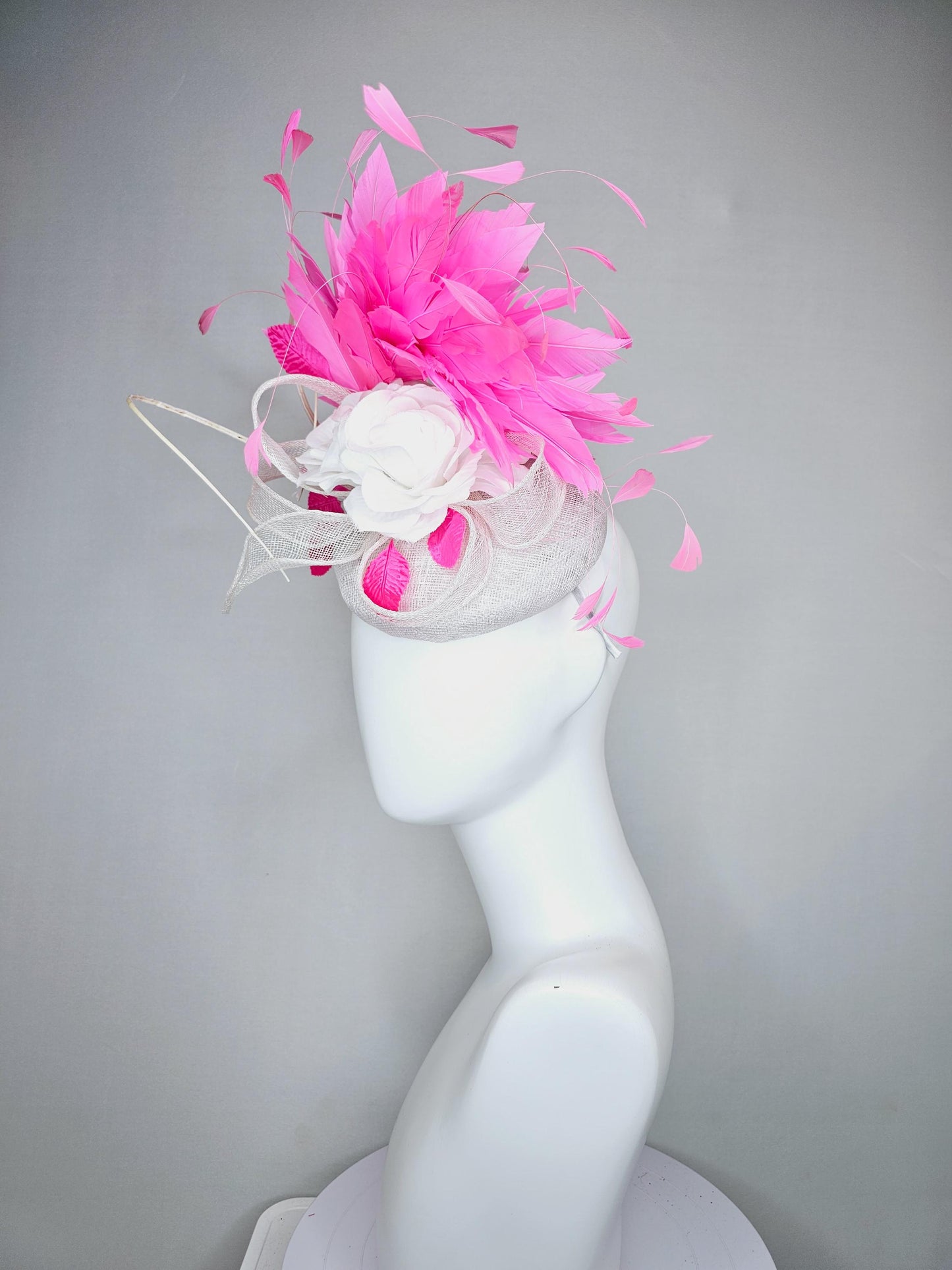 kentucky derby hat fascinator ivory white sinamay with sinamay curls,white satin silk flowers with bright pink feathers and pink leaves