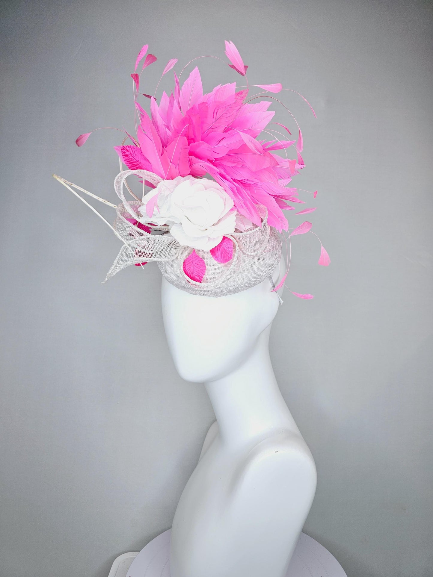 kentucky derby hat fascinator ivory white sinamay with sinamay curls,white satin silk flowers with bright pink feathers and pink leaves