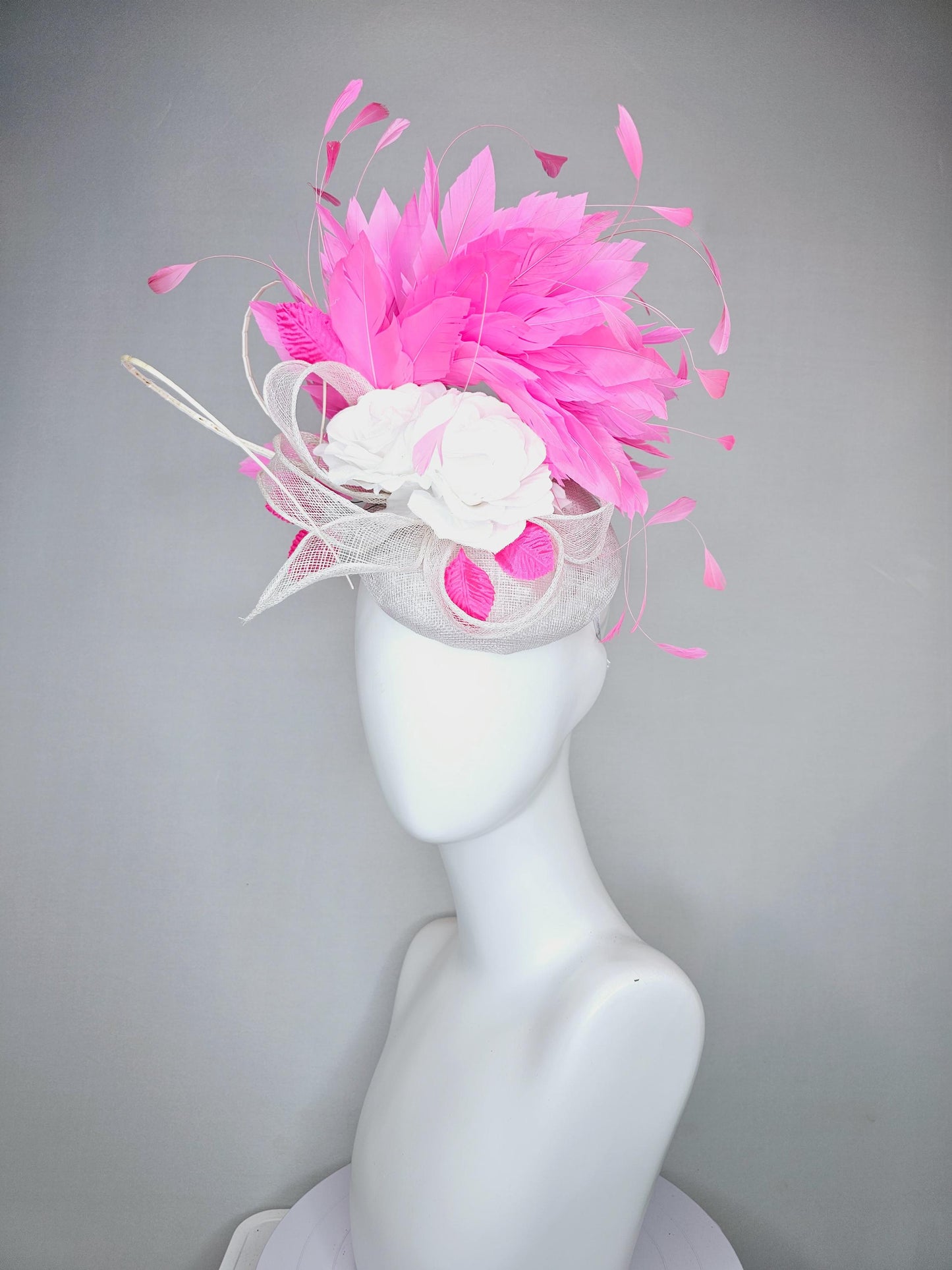 kentucky derby hat fascinator ivory white sinamay with sinamay curls,white satin silk flowers with bright pink feathers and pink leaves