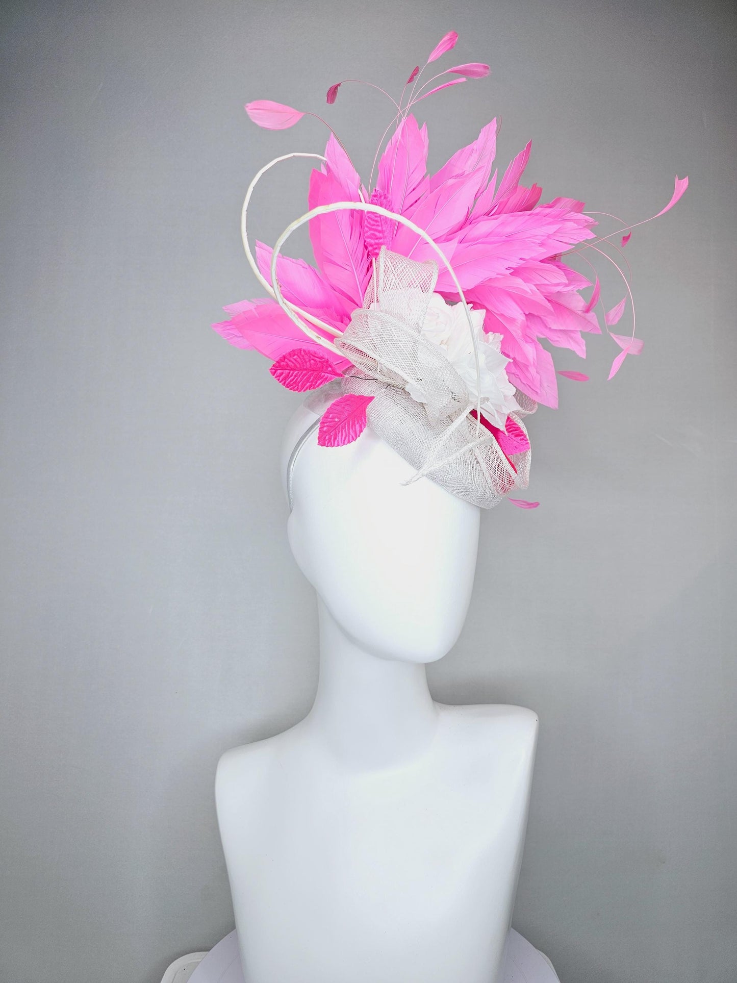 kentucky derby hat fascinator ivory white sinamay with sinamay curls,white satin silk flowers with bright pink feathers and pink leaves