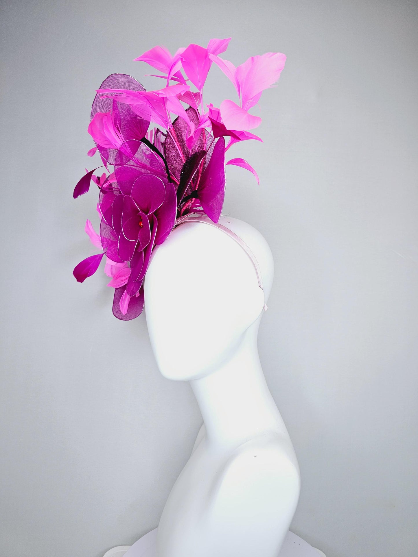 kentucky derby hat fascinator purple pink magenta wire mesh large flowers with dark purple sparkle velvet leaves and pink branching feathers