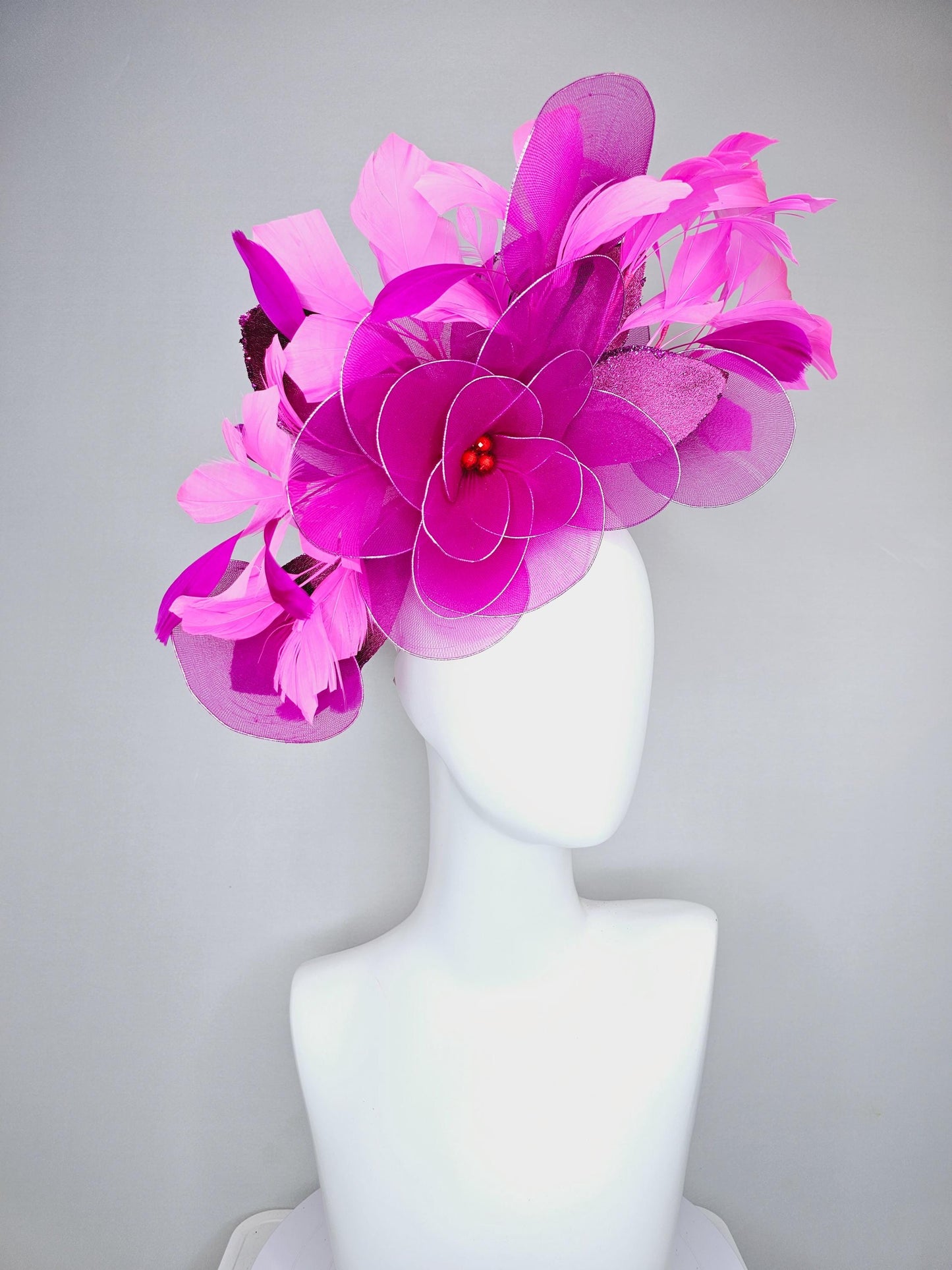 kentucky derby hat fascinator purple pink magenta wire mesh large flowers with dark purple sparkle velvet leaves and pink branching feathers