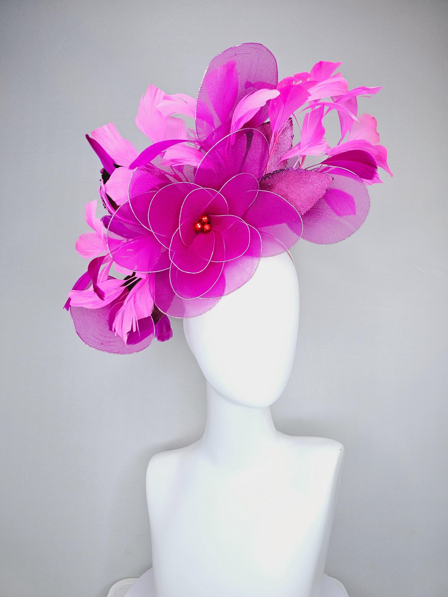 kentucky derby hat fascinator purple pink magenta wire mesh large flowers with dark purple sparkle velvet leaves and pink branching feathers