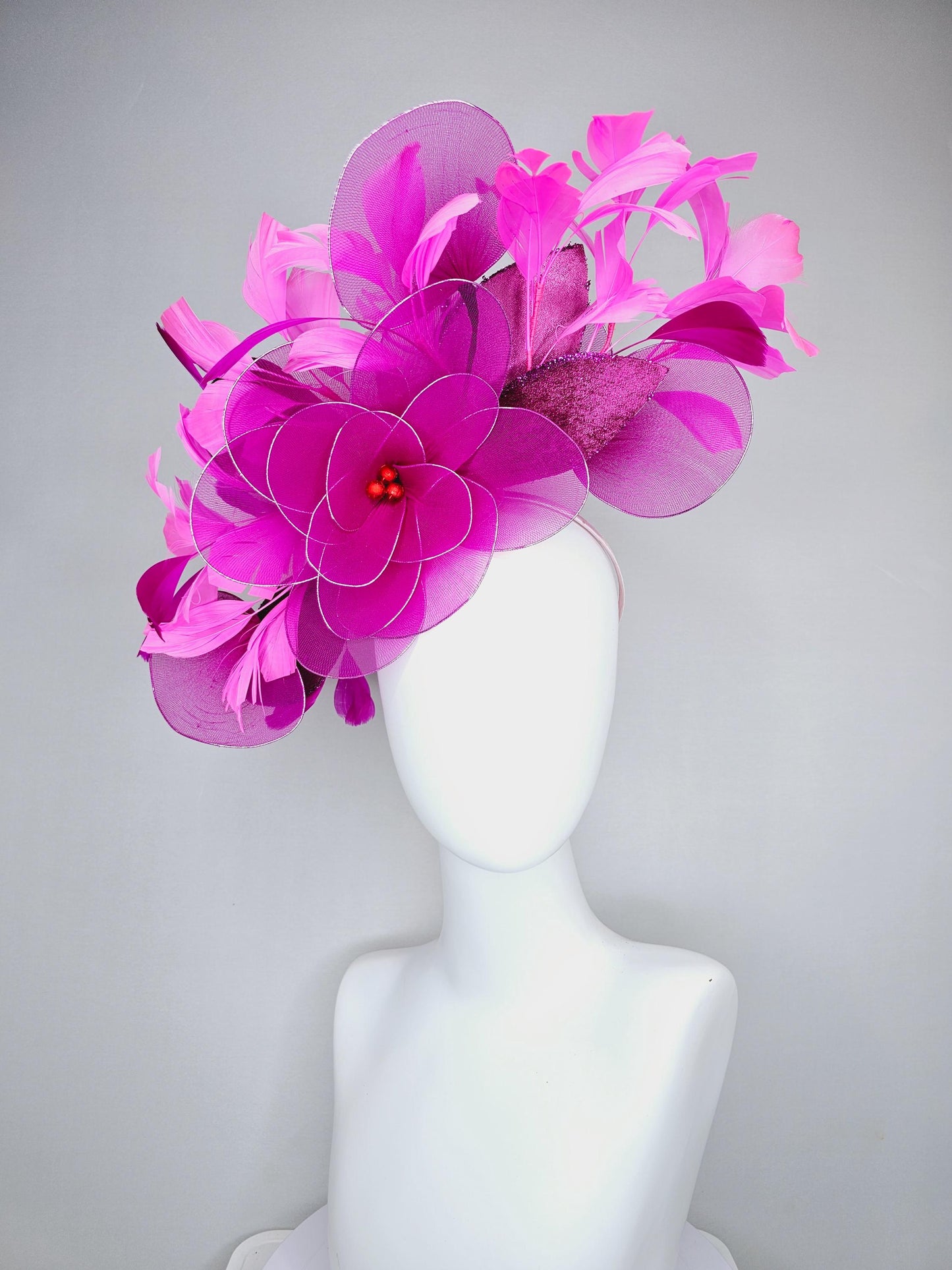 kentucky derby hat fascinator purple pink magenta wire mesh large flowers with dark purple sparkle velvet leaves and pink branching feathers