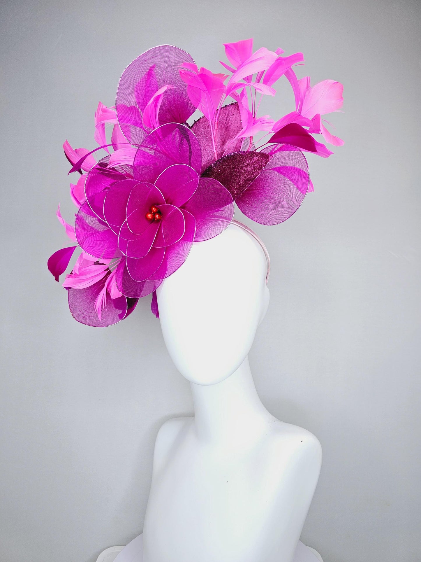 kentucky derby hat fascinator purple pink magenta wire mesh large flowers with dark purple sparkle velvet leaves and pink branching feathers