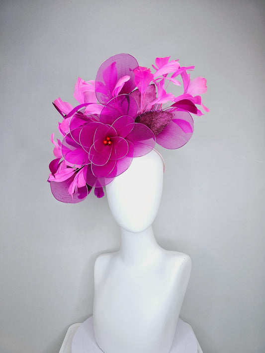 kentucky derby hat fascinator purple pink magenta wire mesh large flowers with dark purple sparkle velvet leaves and pink branching feathers