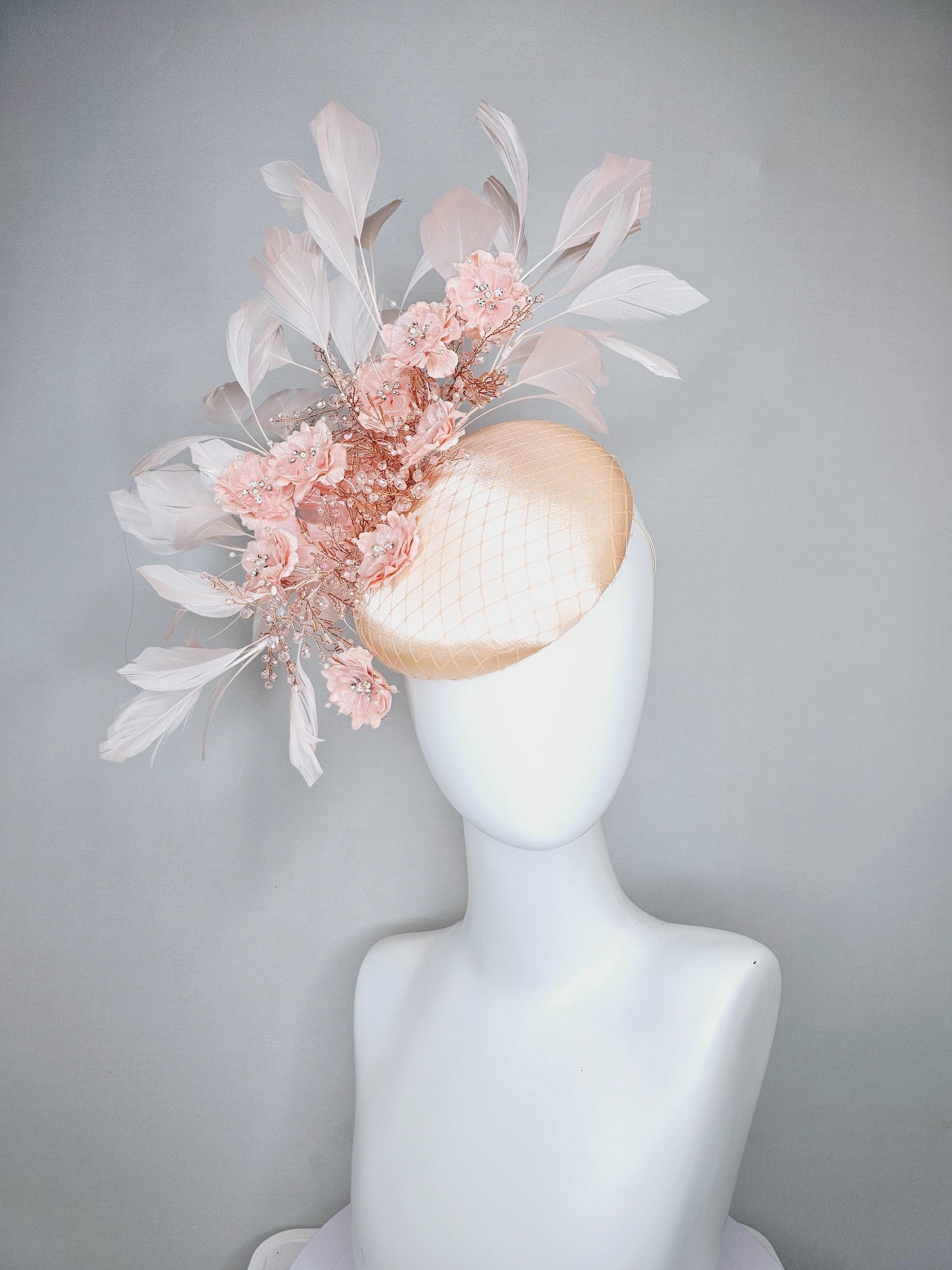 kentucky derby hat fascinator champagne beige satin with netting,peach pink satin flowers with crystal rhinestone stems,light pink feathers