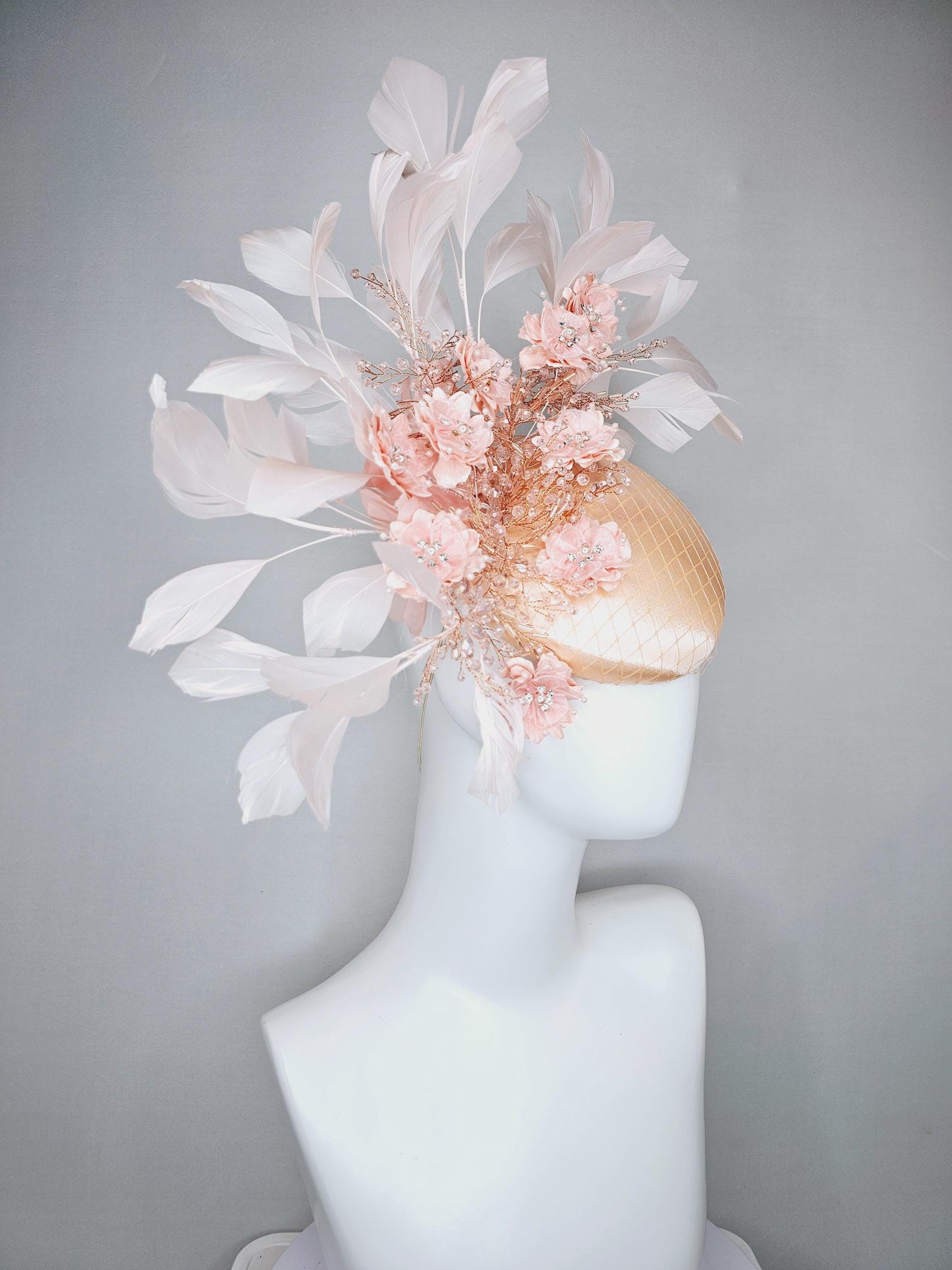 kentucky derby hat fascinator champagne beige satin with netting,peach pink satin flowers with crystal rhinestone stems,light pink feathers