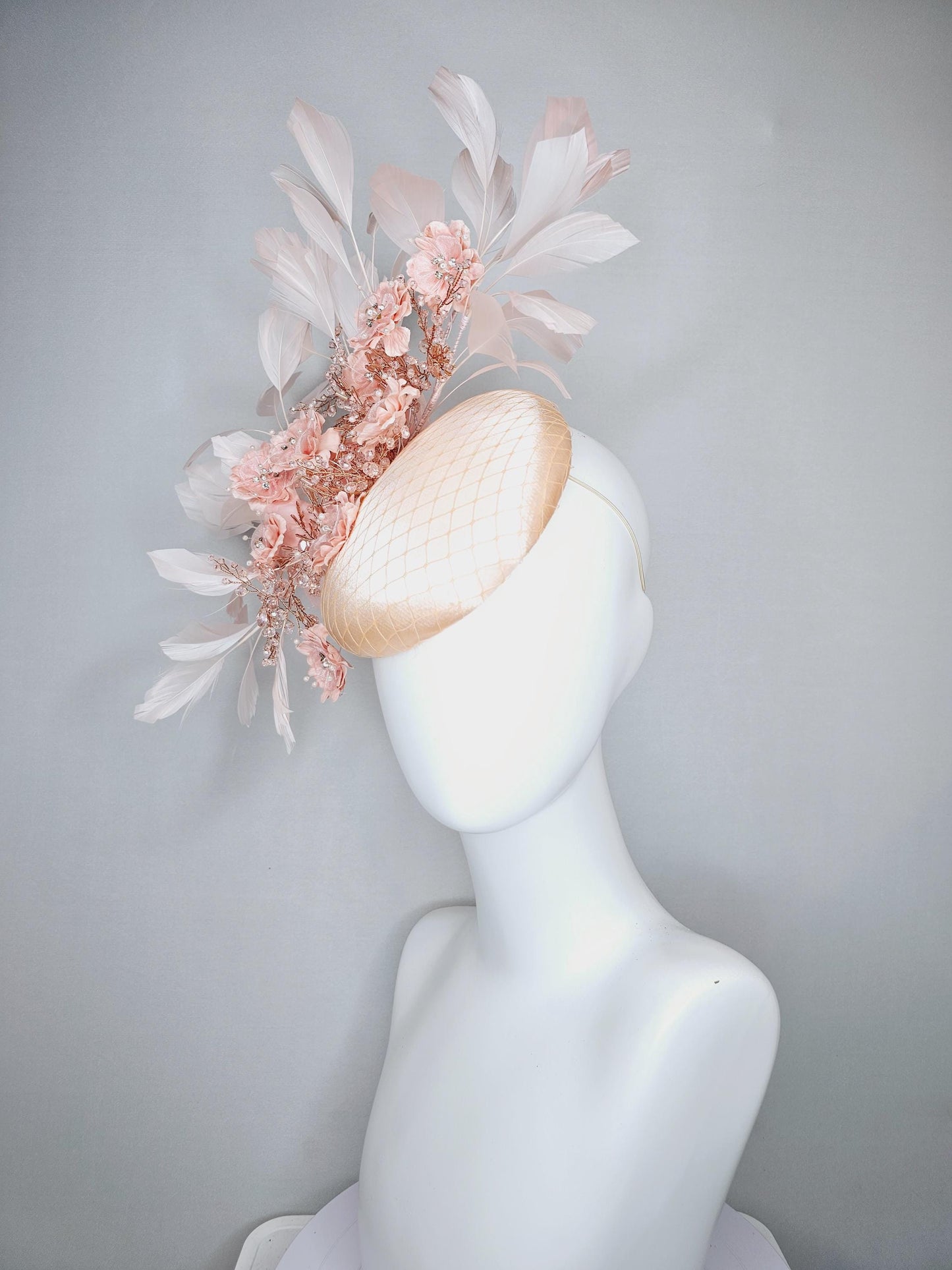 kentucky derby hat fascinator champagne beige satin with netting,peach pink satin flowers with crystal rhinestone stems,light pink feathers