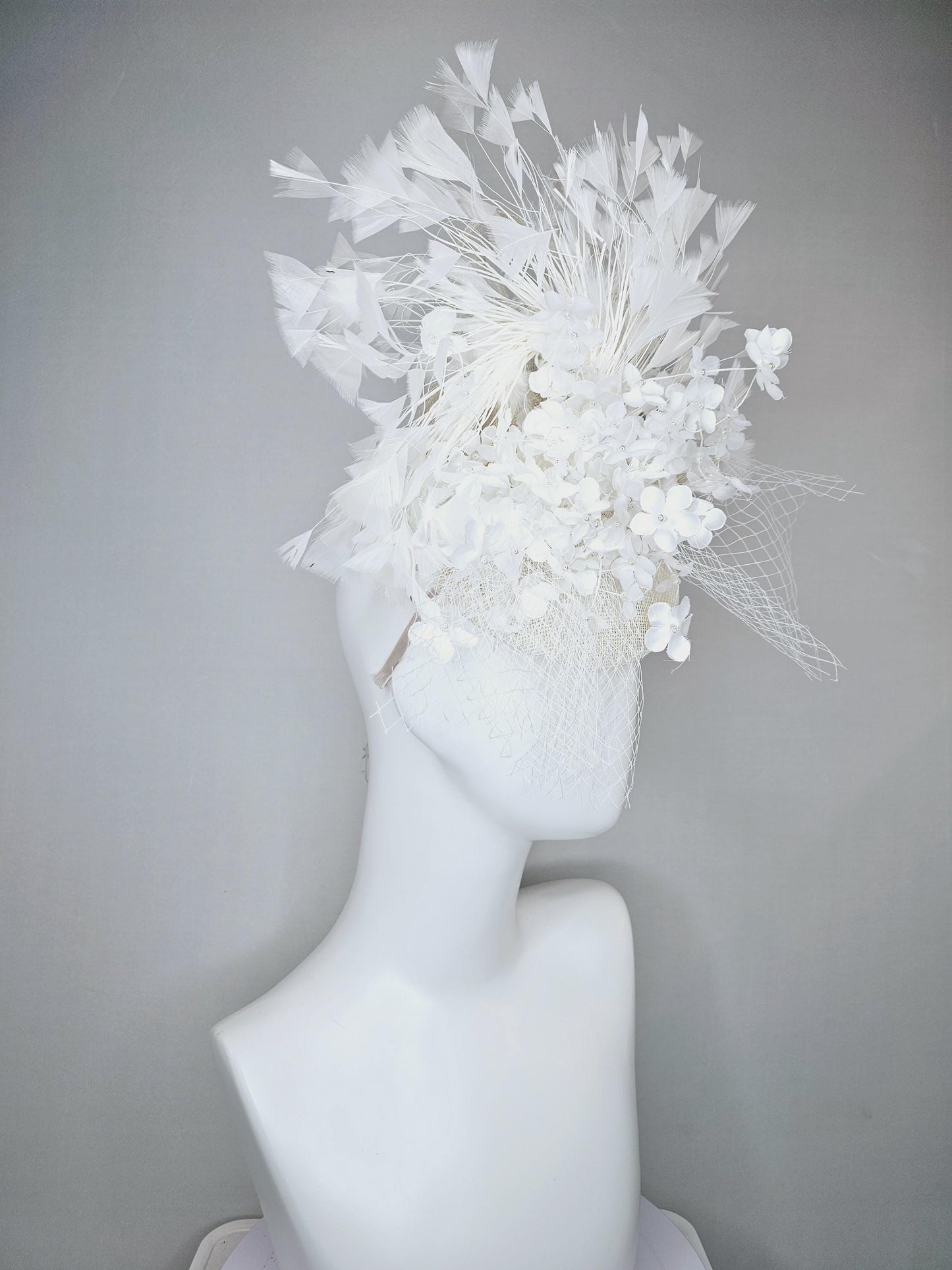 kentucky derby hat fascinator ivory white sinamay with bow and netting,ivory white silk flowers with pearls, and branching white feathers