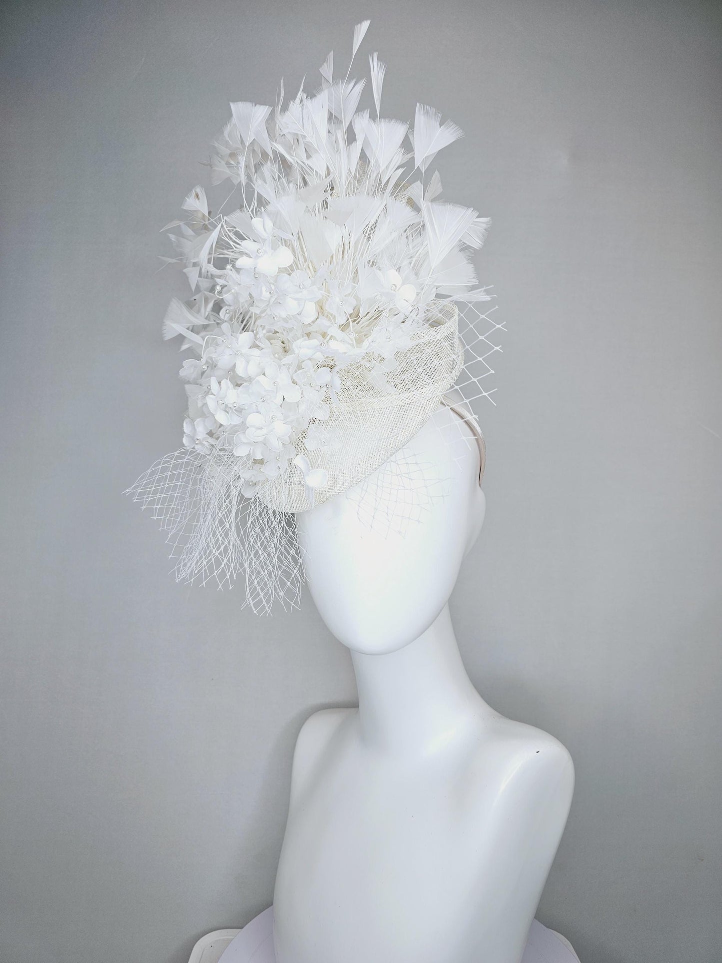 kentucky derby hat fascinator ivory white sinamay with bow and netting,ivory white silk flowers with pearls, and branching white feathers