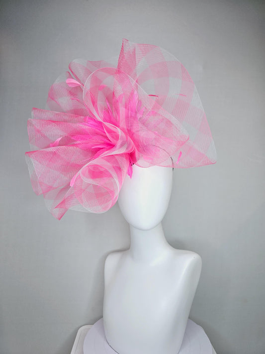 kentucky derby fascinator hat large gingham pink plaid crinoline pouf with branching bright pink feathers