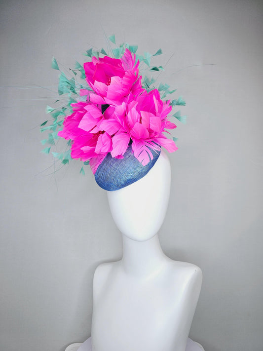 kentucky derby hat fascinator blue sinamay saucer with bright fuchsia hot pink feather flowers and mint green branching feathers