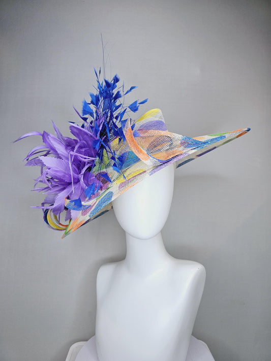 kentucky derby hat large colorful rainbow blue green yellow orange polka dot wide brim sinamay,purple feather flower and royal blue feathers