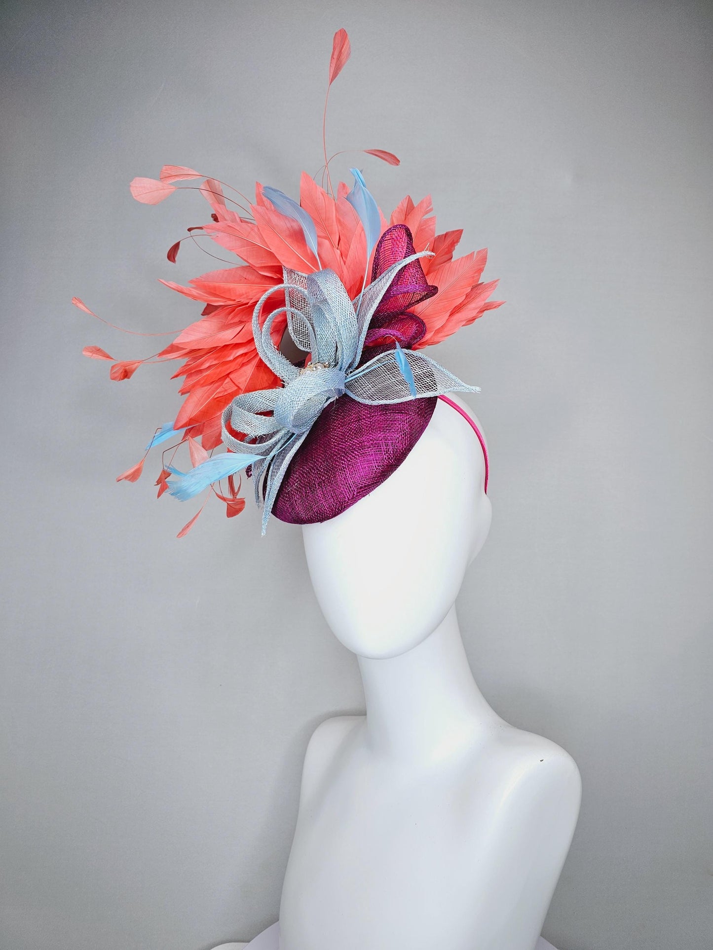 kentucky derby hat fascinator purple violet sinamay orange coral branching feathers and light blue sinamay curls with baby blue feathers