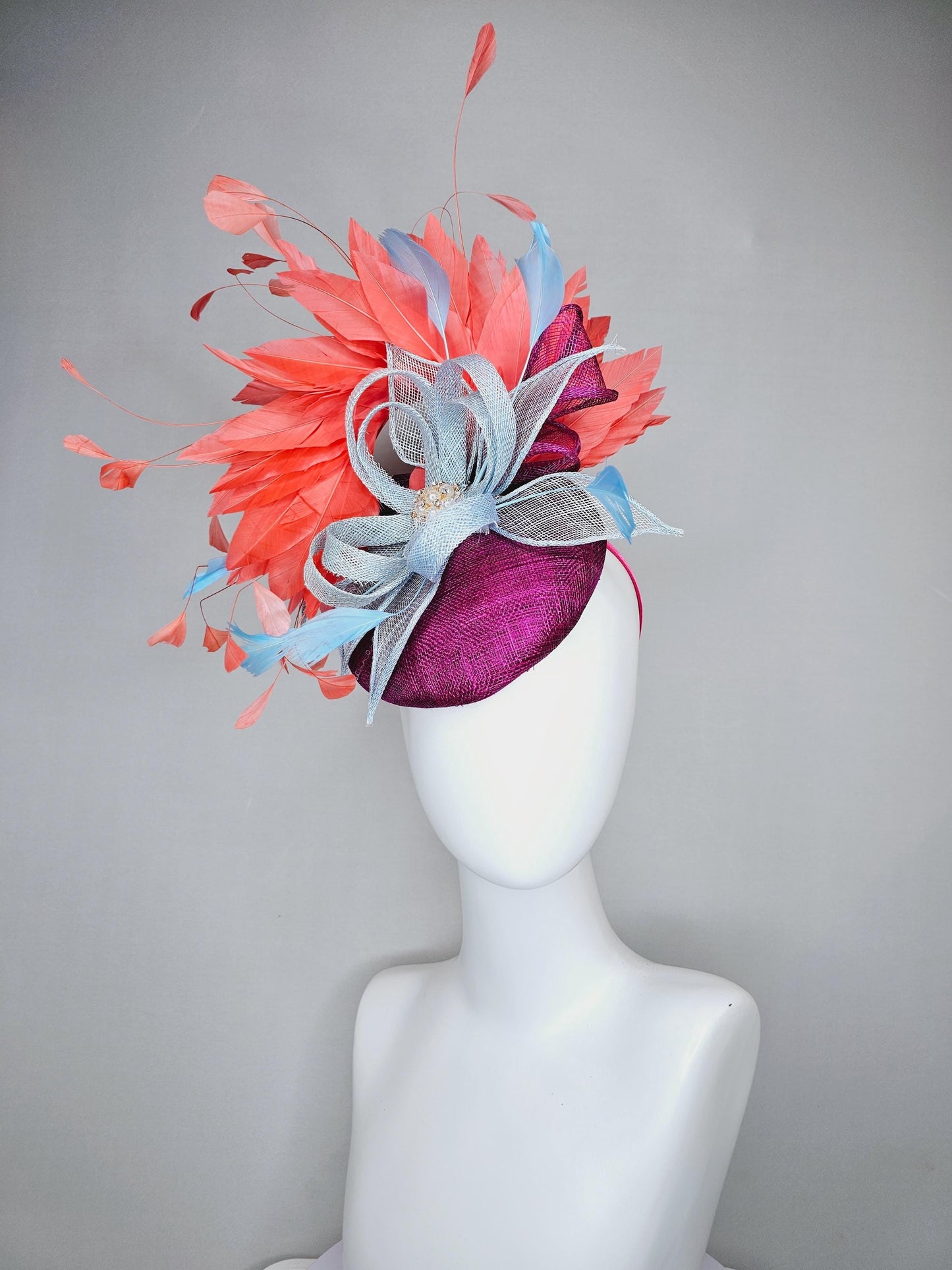 kentucky derby hat fascinator purple violet sinamay orange coral branching feathers and light blue sinamay curls with baby blue feathers