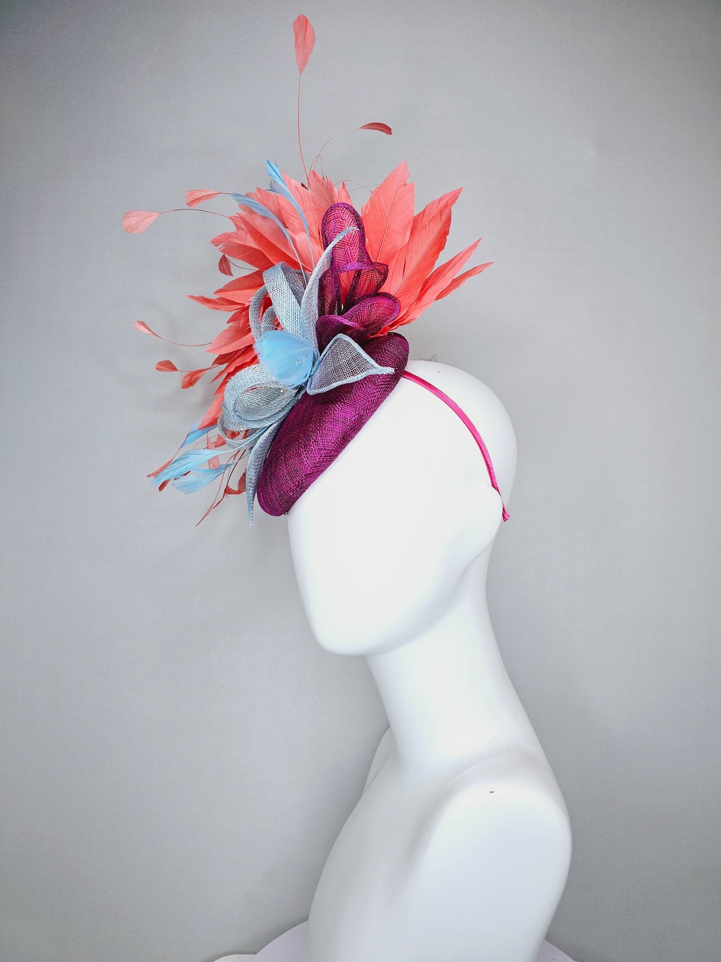 kentucky derby hat fascinator purple violet sinamay orange coral branching feathers and light blue sinamay curls with baby blue feathers