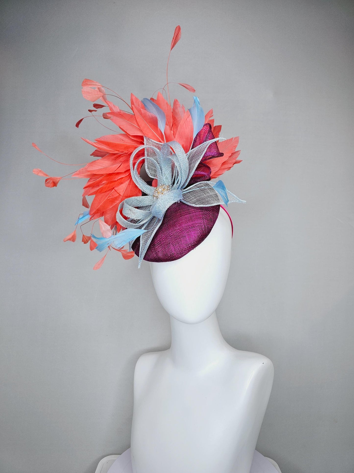 kentucky derby hat fascinator purple violet sinamay orange coral branching feathers and light blue sinamay curls with baby blue feathers