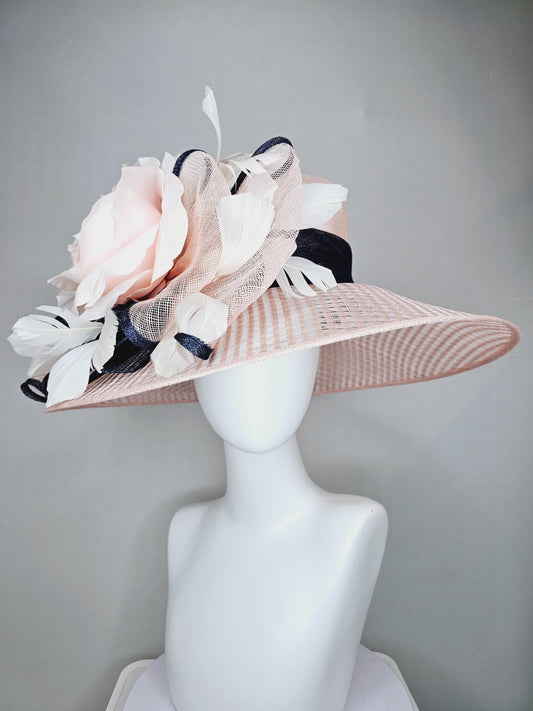 kentucky derby hat wide brim light dusty pink sinamay with light pink silk satin rose,black sinamay details and ivory branching feather