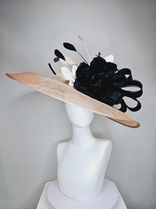 kentucky derby hat wide brim beige taupe sinamay with large silk satin black flower and black sinamay curls,black tan feathers,white leaves