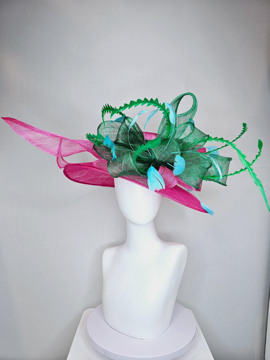 kentucky derby hat large wide brim sinamay hot pink hat with emerald green sinamay bow, green and sky light blue branching feathers