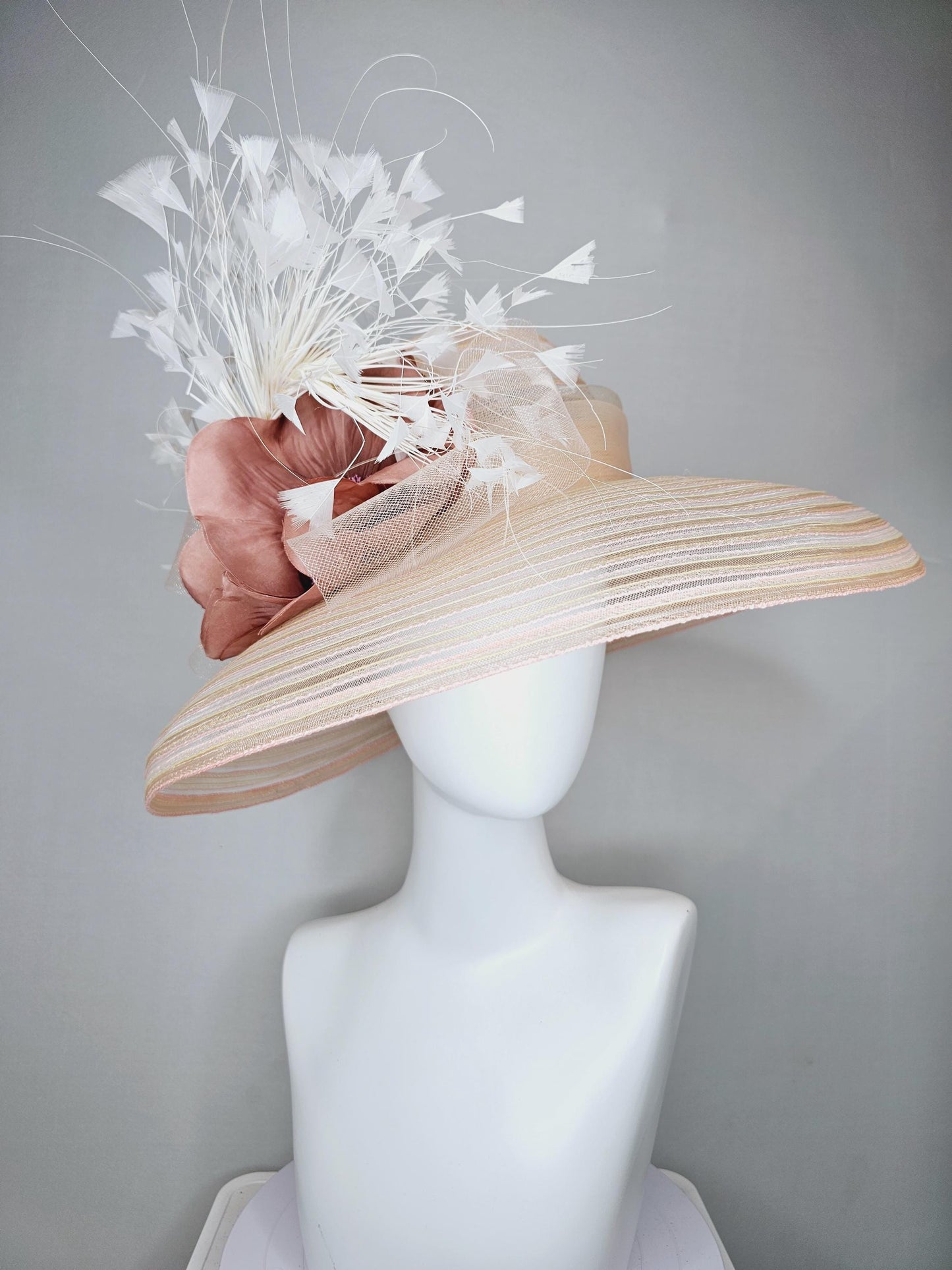 kentucky derby hat fascinator tan beige neutral wide brim with ivory sinamay bow,white branching feathers,dust rose gold flower pearl center