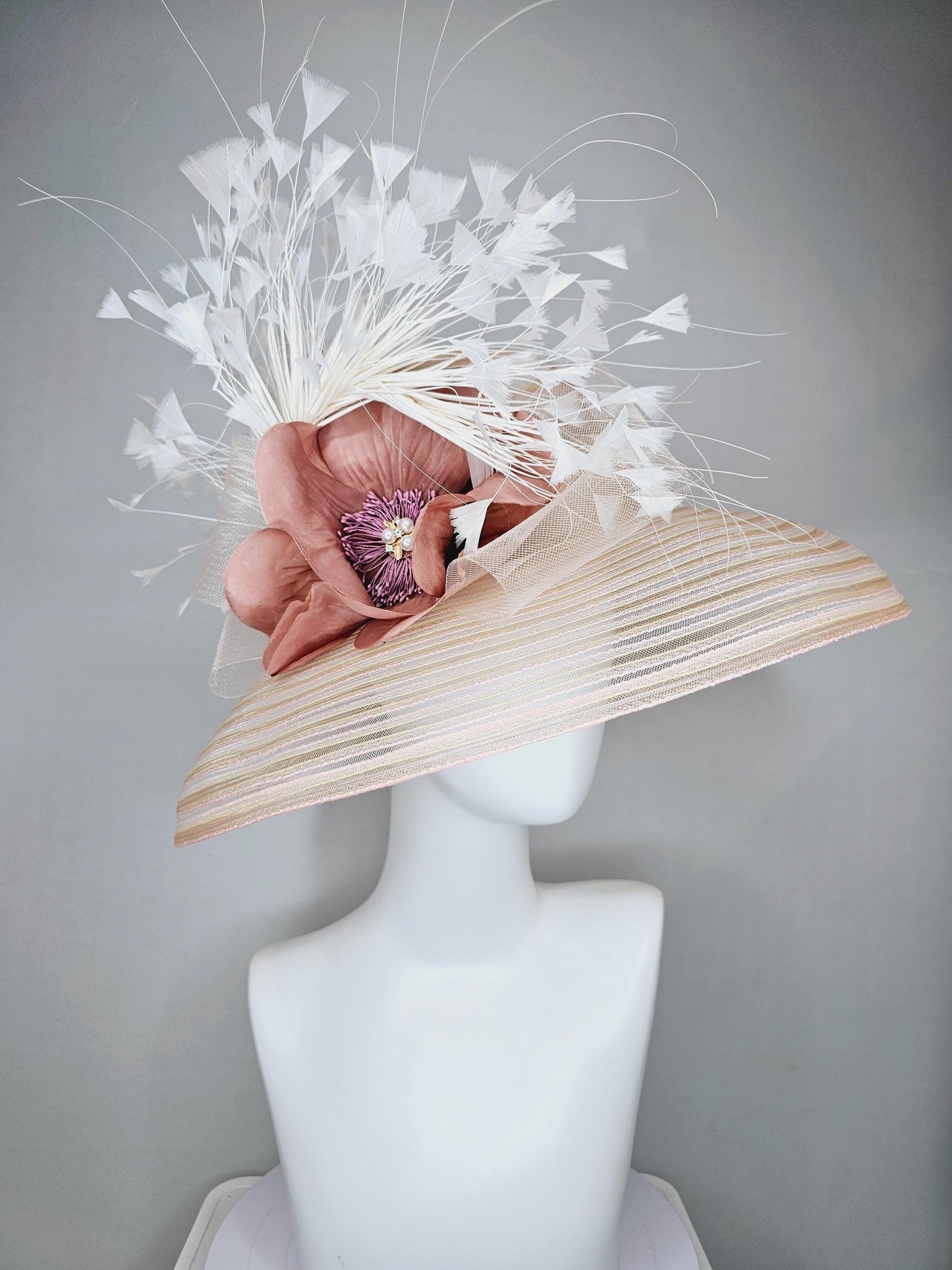 kentucky derby hat fascinator tan beige neutral wide brim with ivory sinamay bow,white branching feathers,dust rose gold flower pearl center