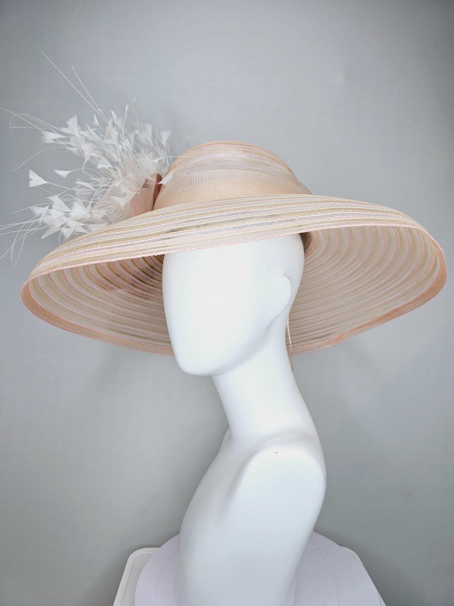 kentucky derby hat fascinator tan beige neutral wide brim with ivory sinamay bow,white branching feathers,dust rose gold flower pearl center