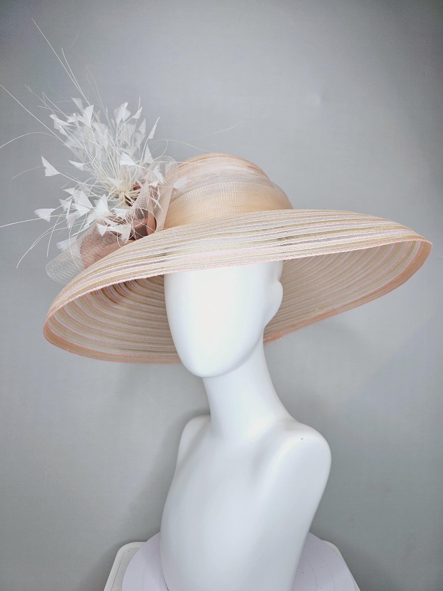 kentucky derby hat fascinator tan beige neutral wide brim with ivory sinamay bow,white branching feathers,dust rose gold flower pearl center