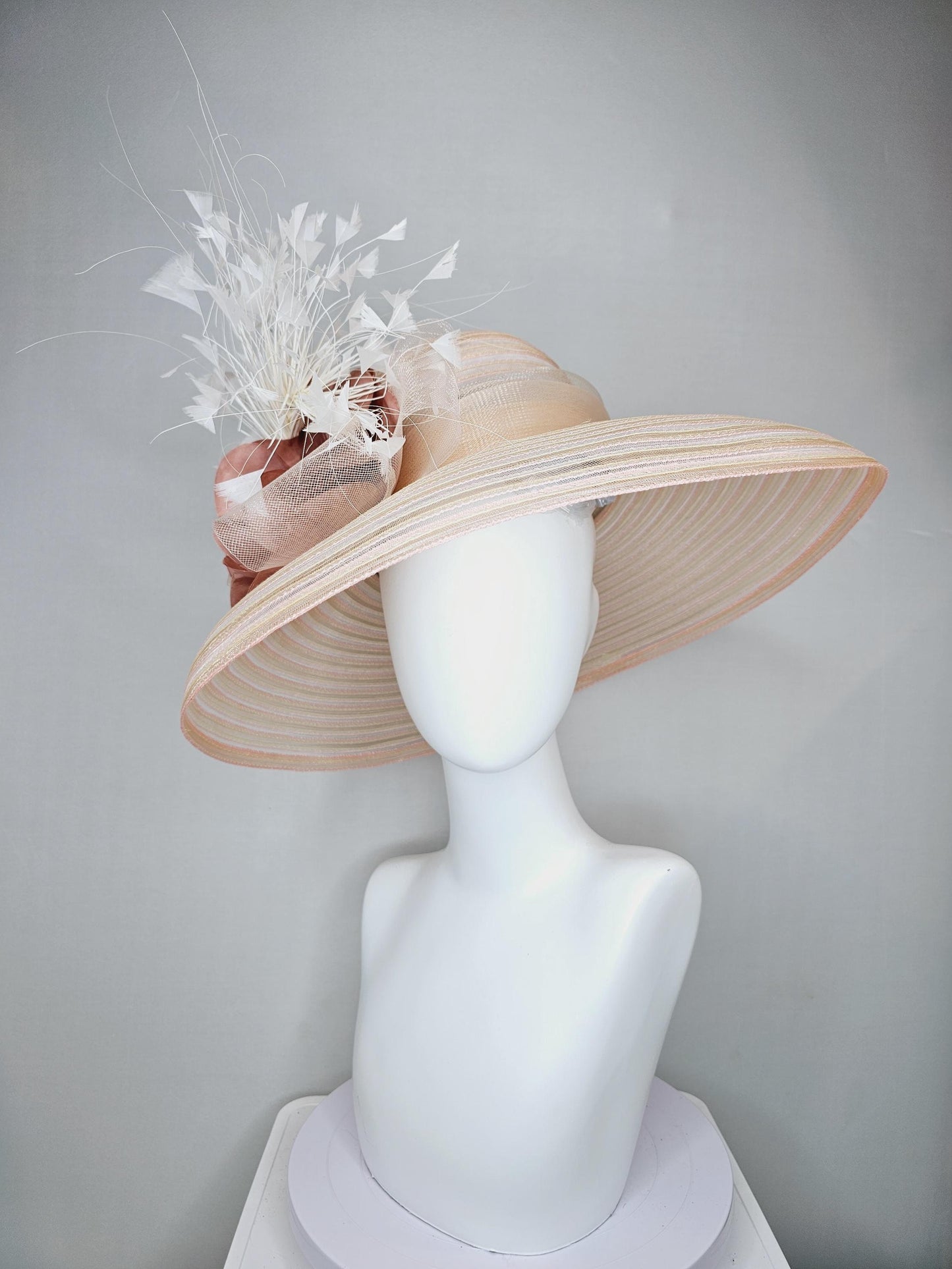 kentucky derby hat fascinator tan beige neutral wide brim with ivory sinamay bow,white branching feathers,dust rose gold flower pearl center