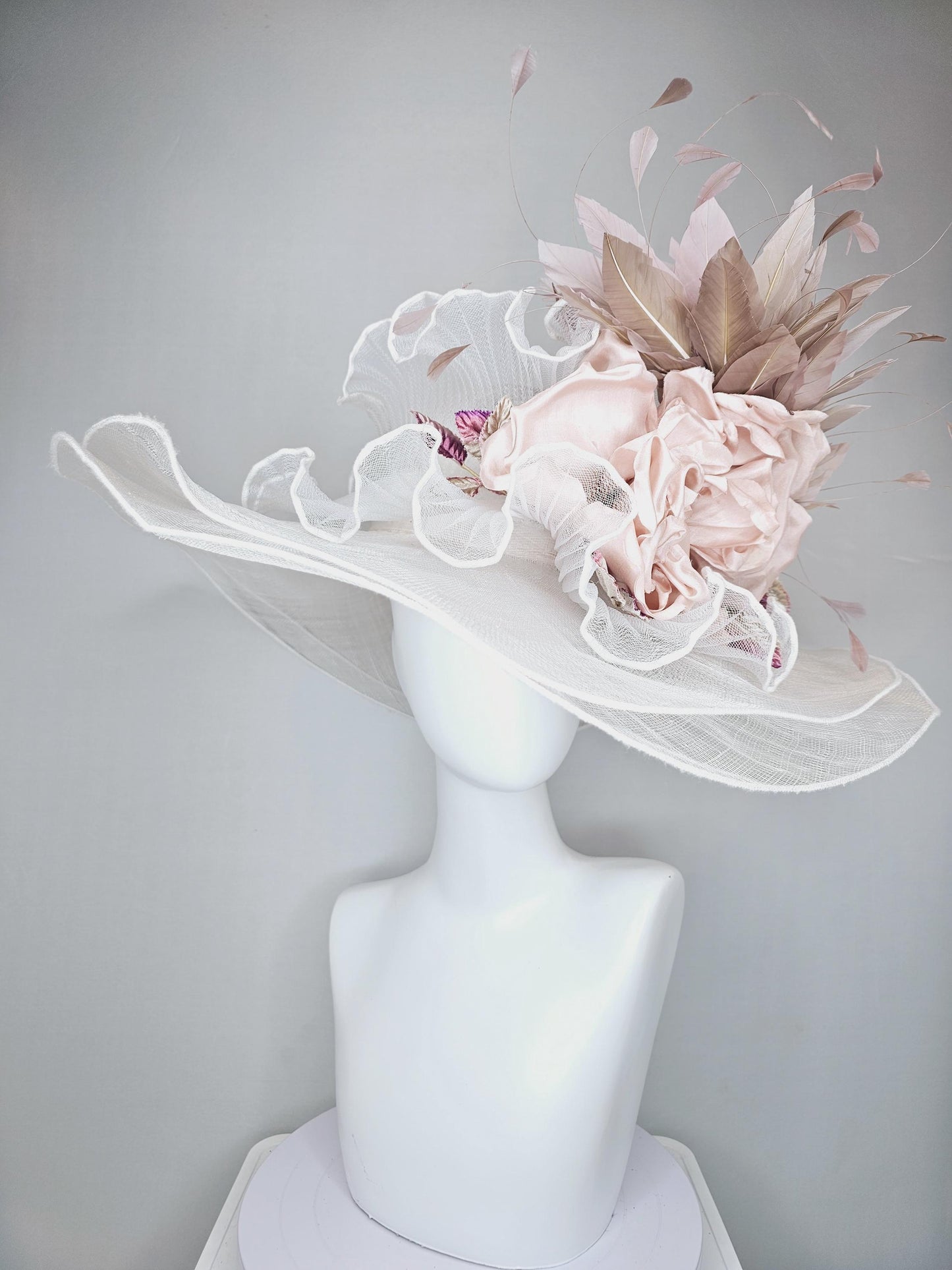 kentucky derby wide brim white ivory sinamay hat with large champagne blush rose silk satin flower,beige tan feathers and purple tan leaves