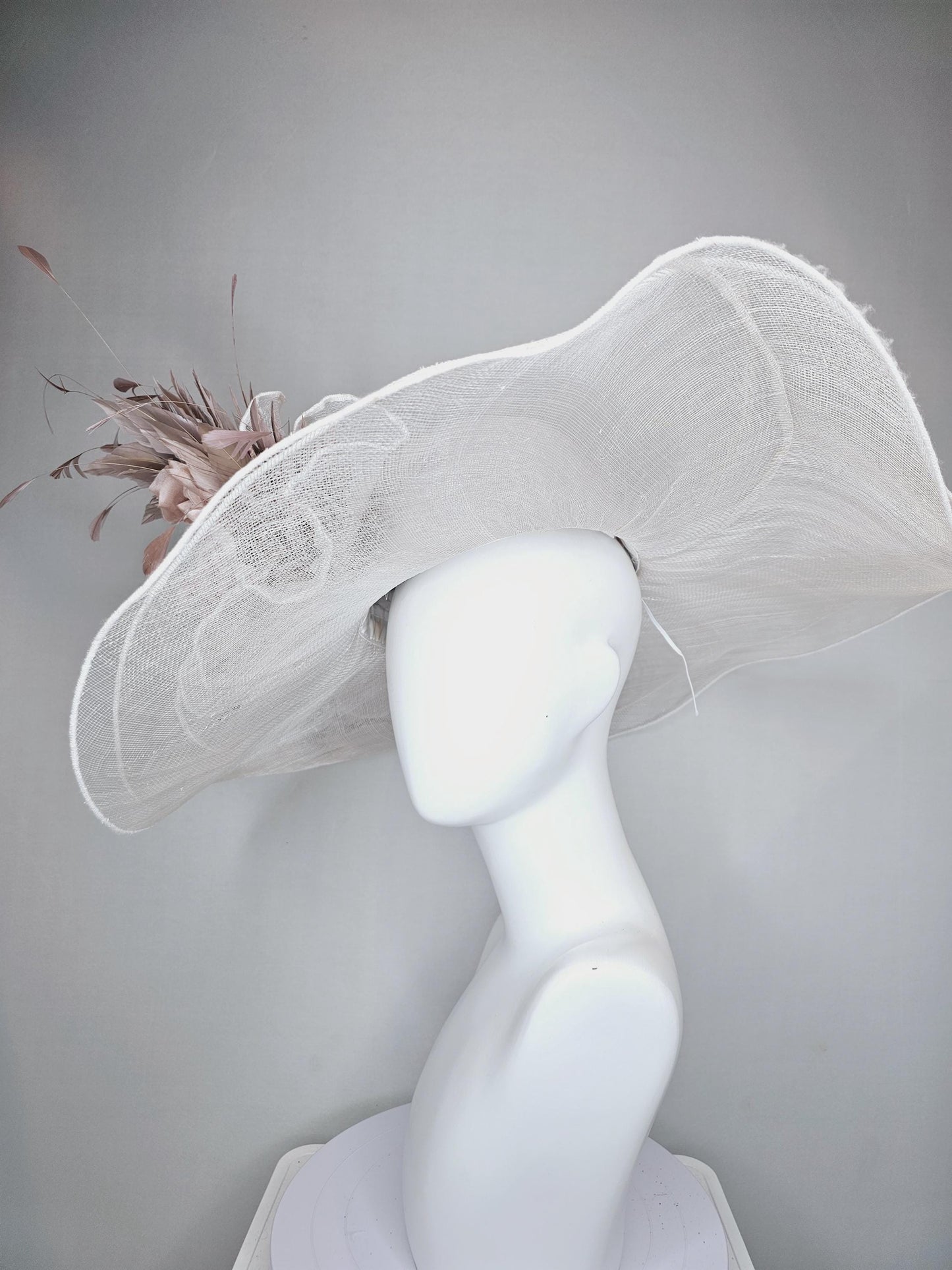 kentucky derby wide brim white ivory sinamay hat with large champagne blush rose silk satin flower,beige tan feathers and purple tan leaves