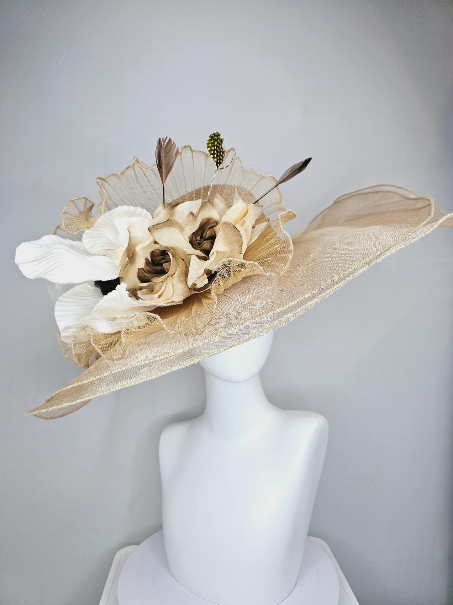 kentucky derby hat gold tan beige wide brim sinamay with gold brown silk satin flowers,white silk pleated details,brown and tan feathers