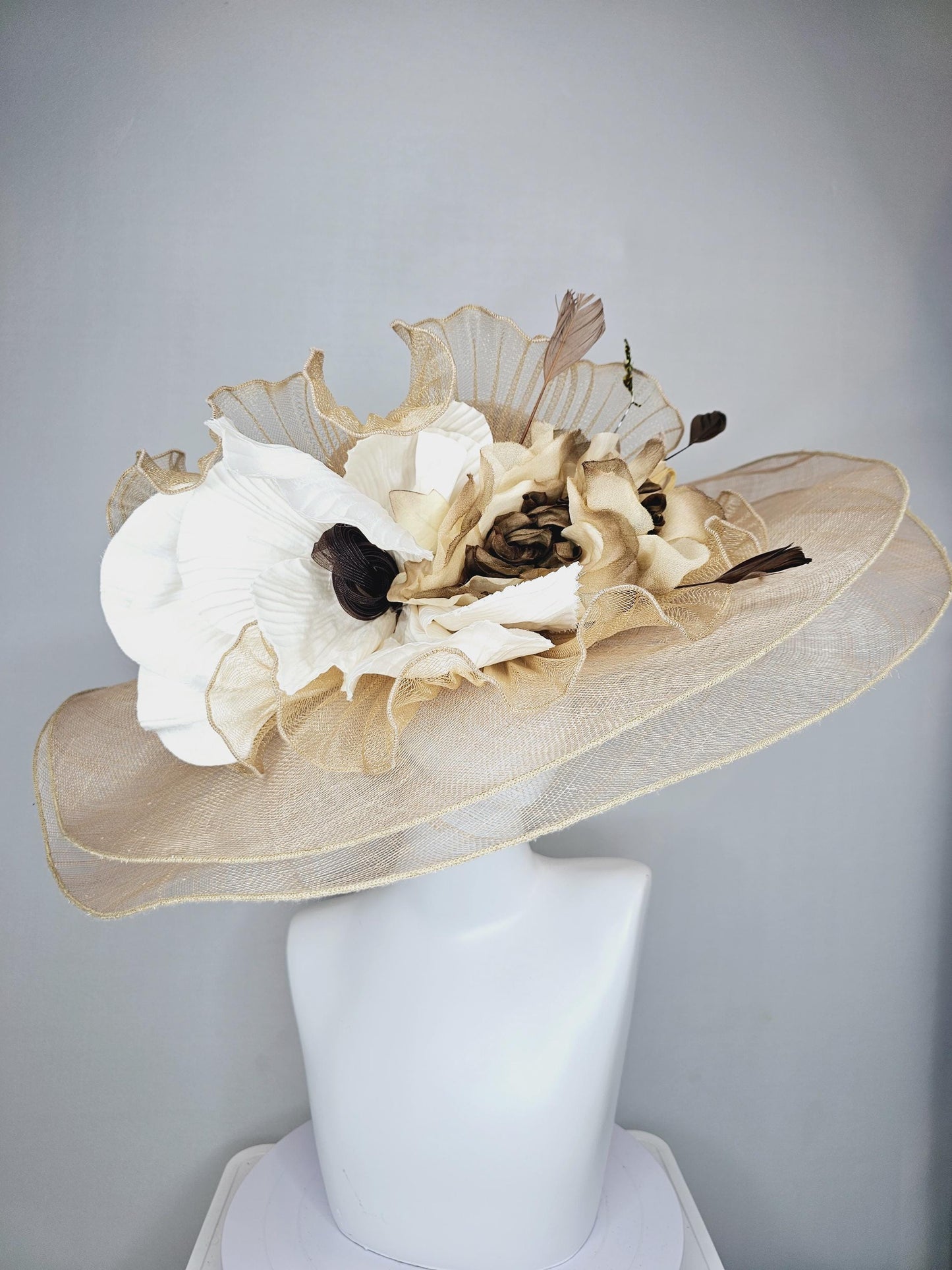 kentucky derby hat gold tan beige wide brim sinamay with gold brown silk satin flowers,white silk pleated details,brown and tan feathers