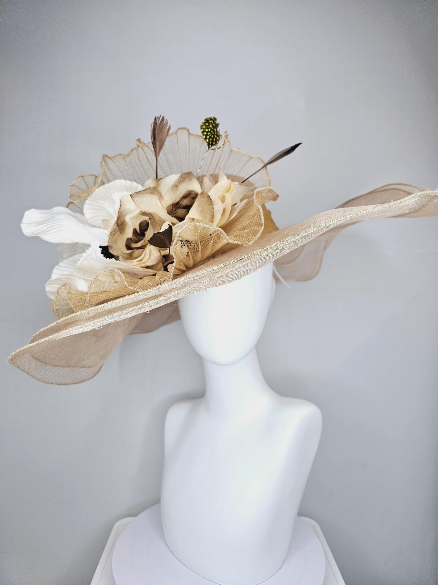 kentucky derby hat gold tan beige wide brim sinamay with gold brown silk satin flowers,white silk pleated details,brown and tan feathers