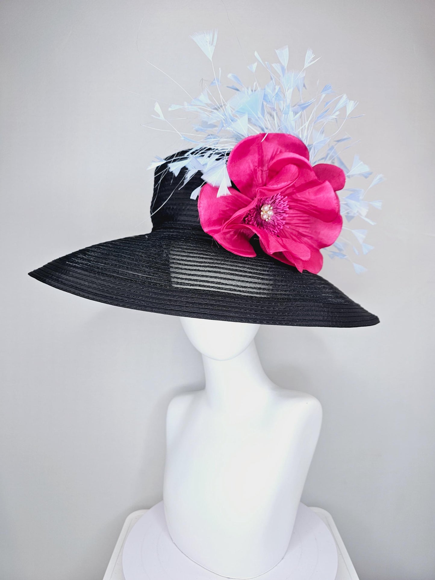 kentucky derby hat fascinator black sinamay wide brim with hot pink silk satin flower with pearl core and light baby blue branching feathers