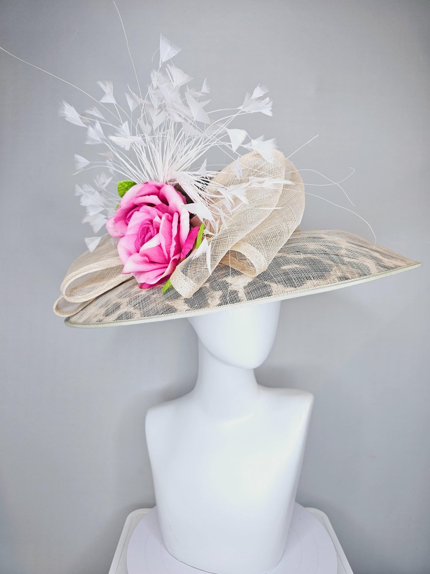 kentucky derby hat large wide brim sinamay neutral taupe beige leopard print hat with pink roses,green leaves, and white branching feathers