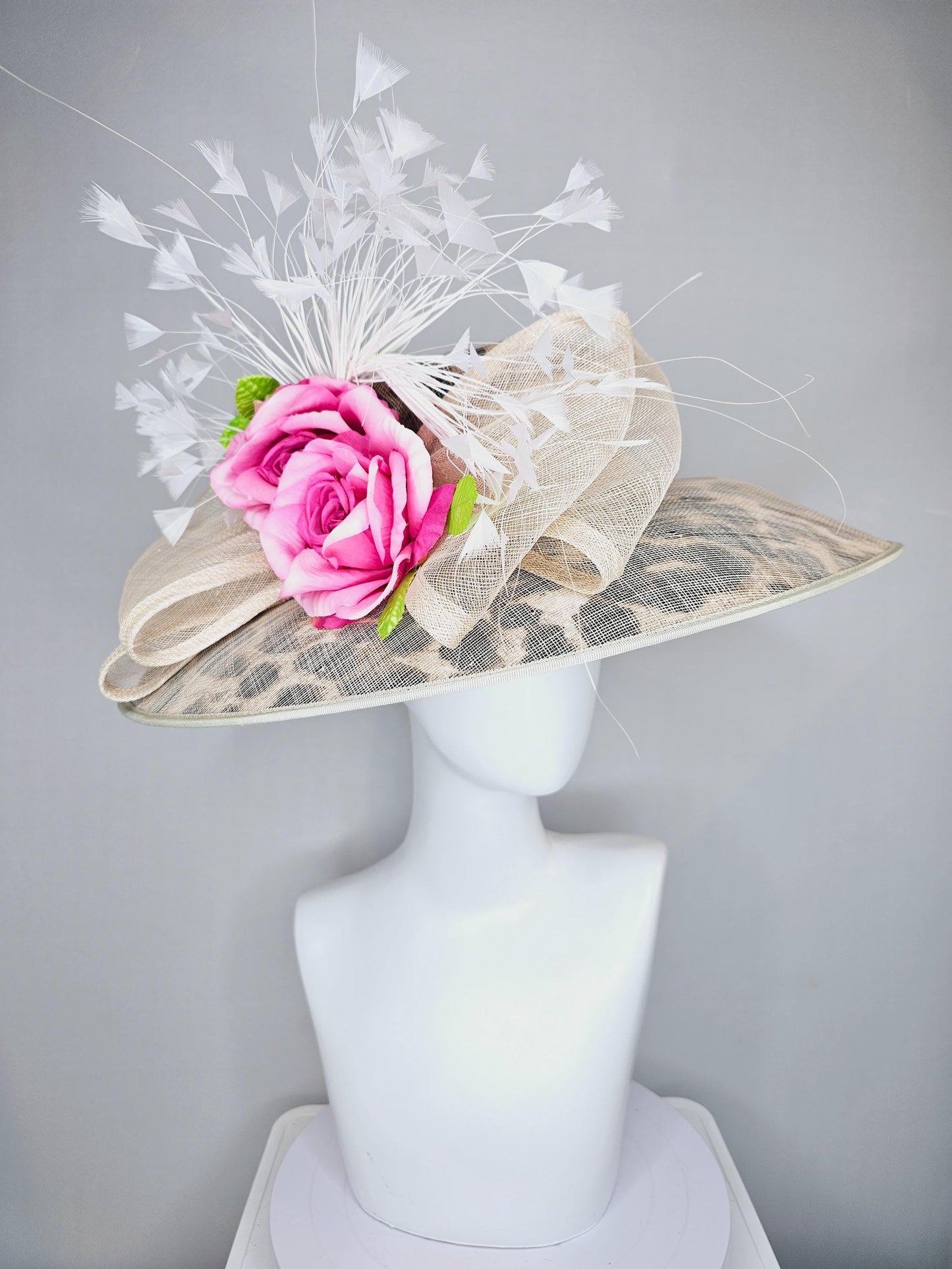 kentucky derby hat large wide brim sinamay neutral taupe beige leopard print hat with pink roses,green leaves, and white branching feathers