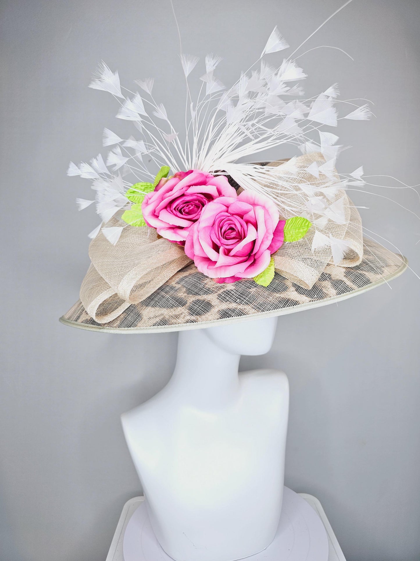 kentucky derby hat large wide brim sinamay neutral taupe beige leopard print hat with pink roses,green leaves, and white branching feathers