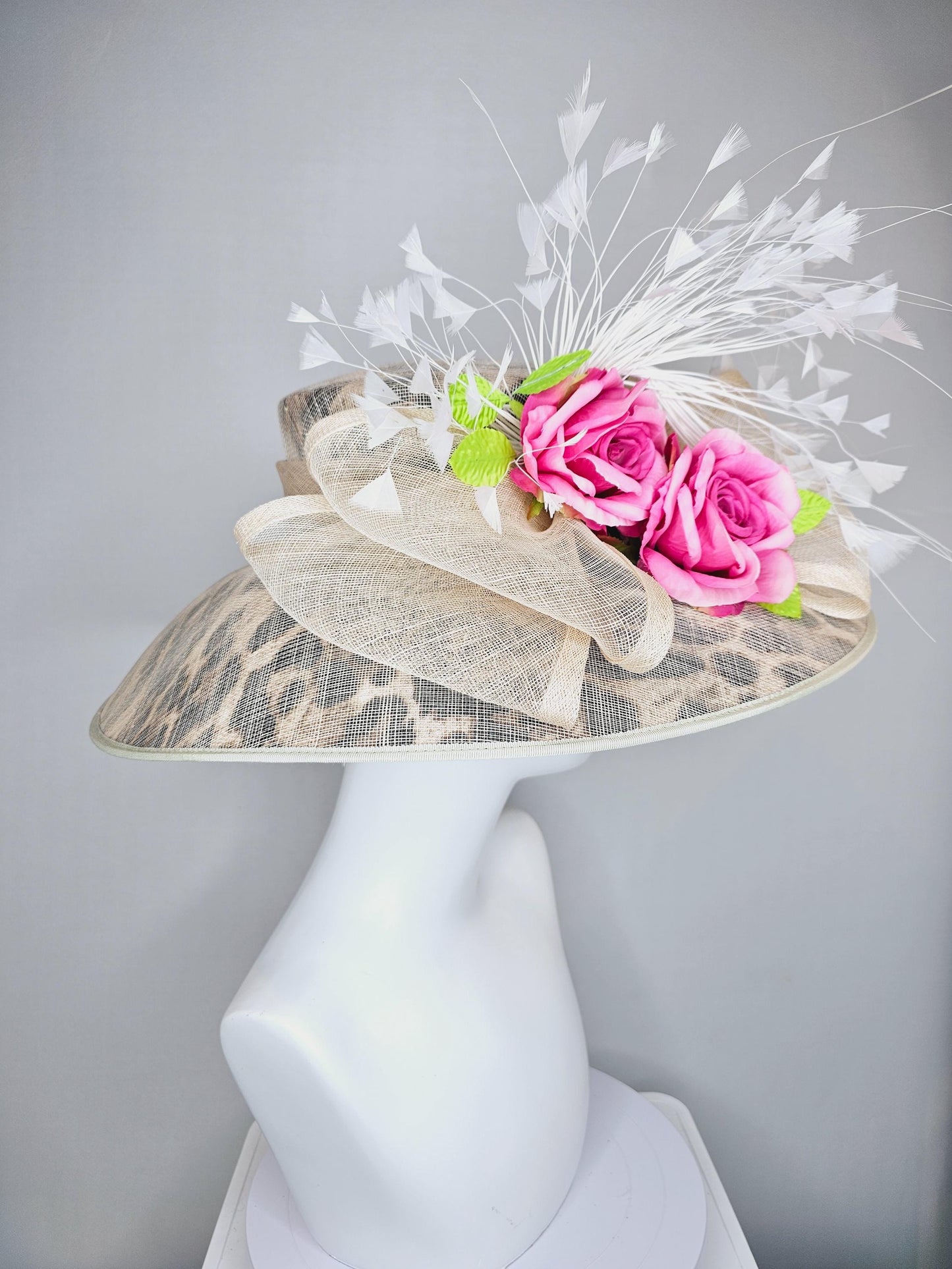 kentucky derby hat large wide brim sinamay neutral taupe beige leopard print hat with pink roses,green leaves, and white branching feathers